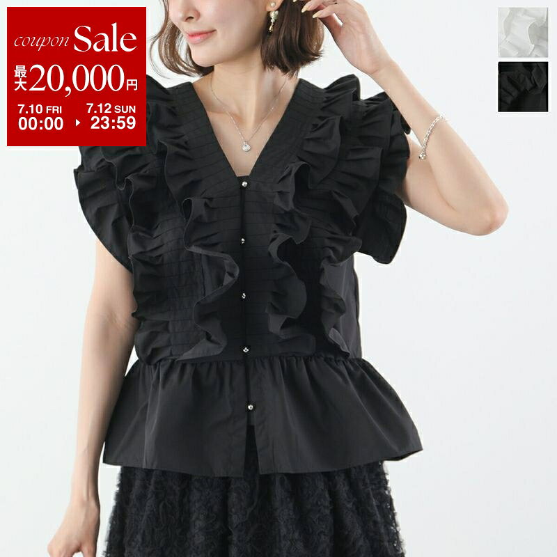 PICCIN ピッチン ブラウス 906320 レディース ラッフル フリル コットンブレンド Vネック ノースリーブ シャツ ウォッシャブル カラー2色
