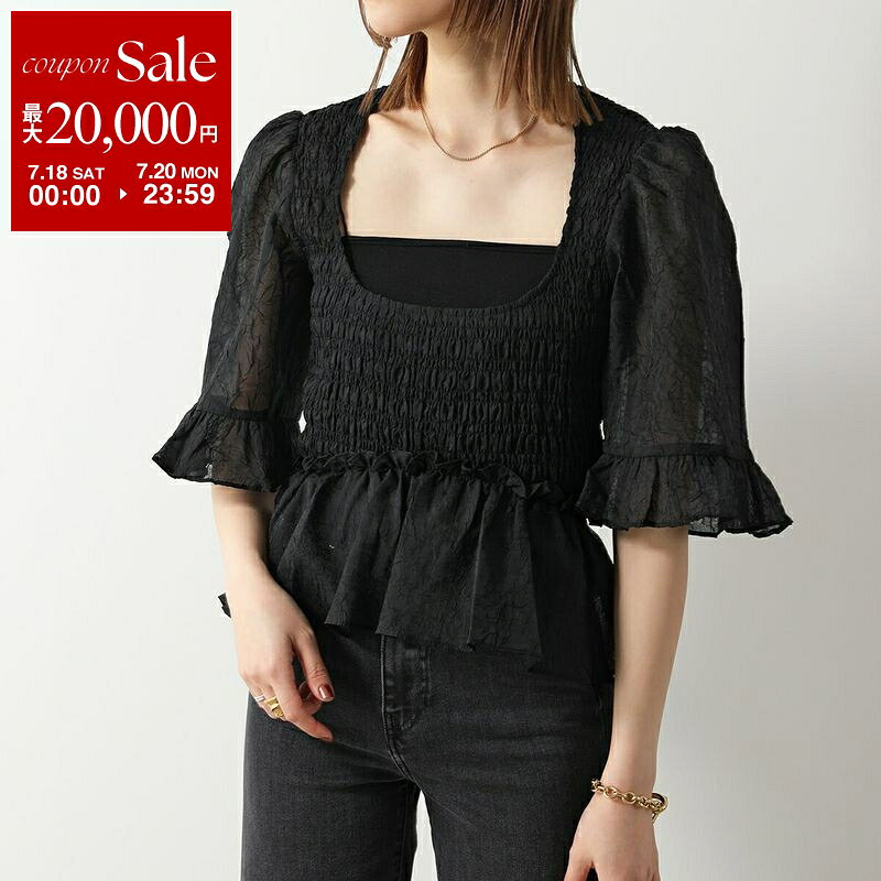 GANNI ガニー ブラウス Crinkled Georgette Smock Blouse F8611 6588 レディース ペプラム Uネック ギャザー 五分袖 099/Black