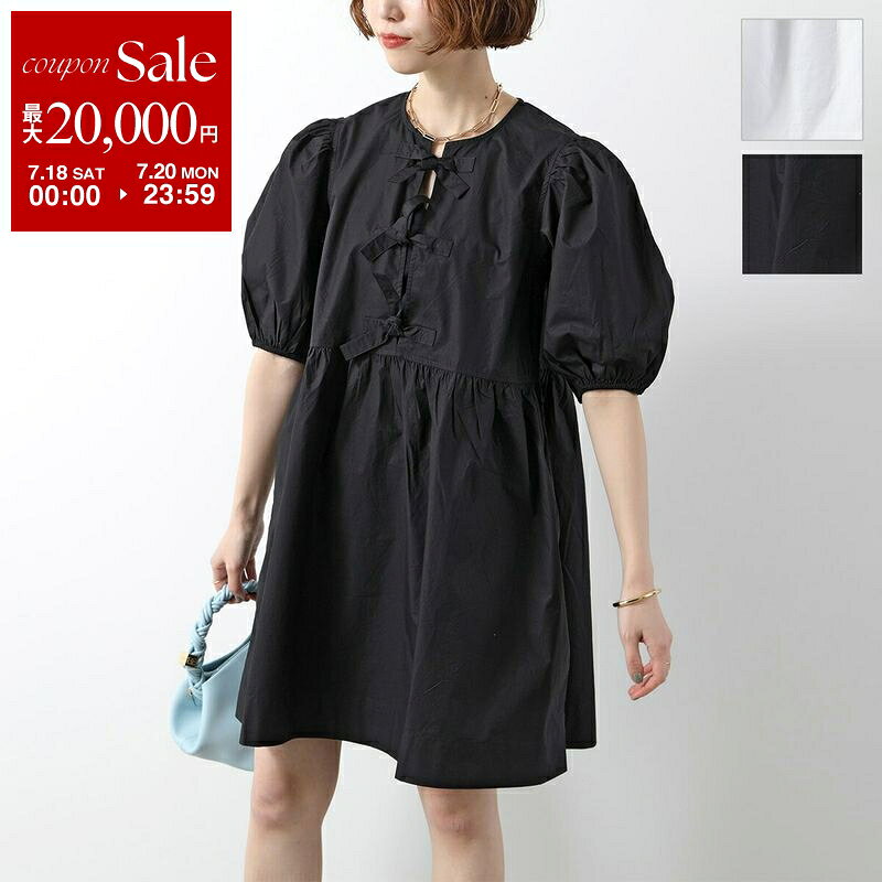 GANNI ガニー ワンピース Cotton Poplin Tie String Mini Dress F9005 F9170 レディース 半袖 ミニ丈 ミニドレス リボン パフスリーブ コットン カラー2色