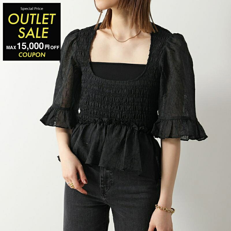 GANNI ガニー ブラウス Crinkled Georgette Smock Blouse F8611 6588 レディース ペプラム Uネック ギャザー 五分袖 099/Black