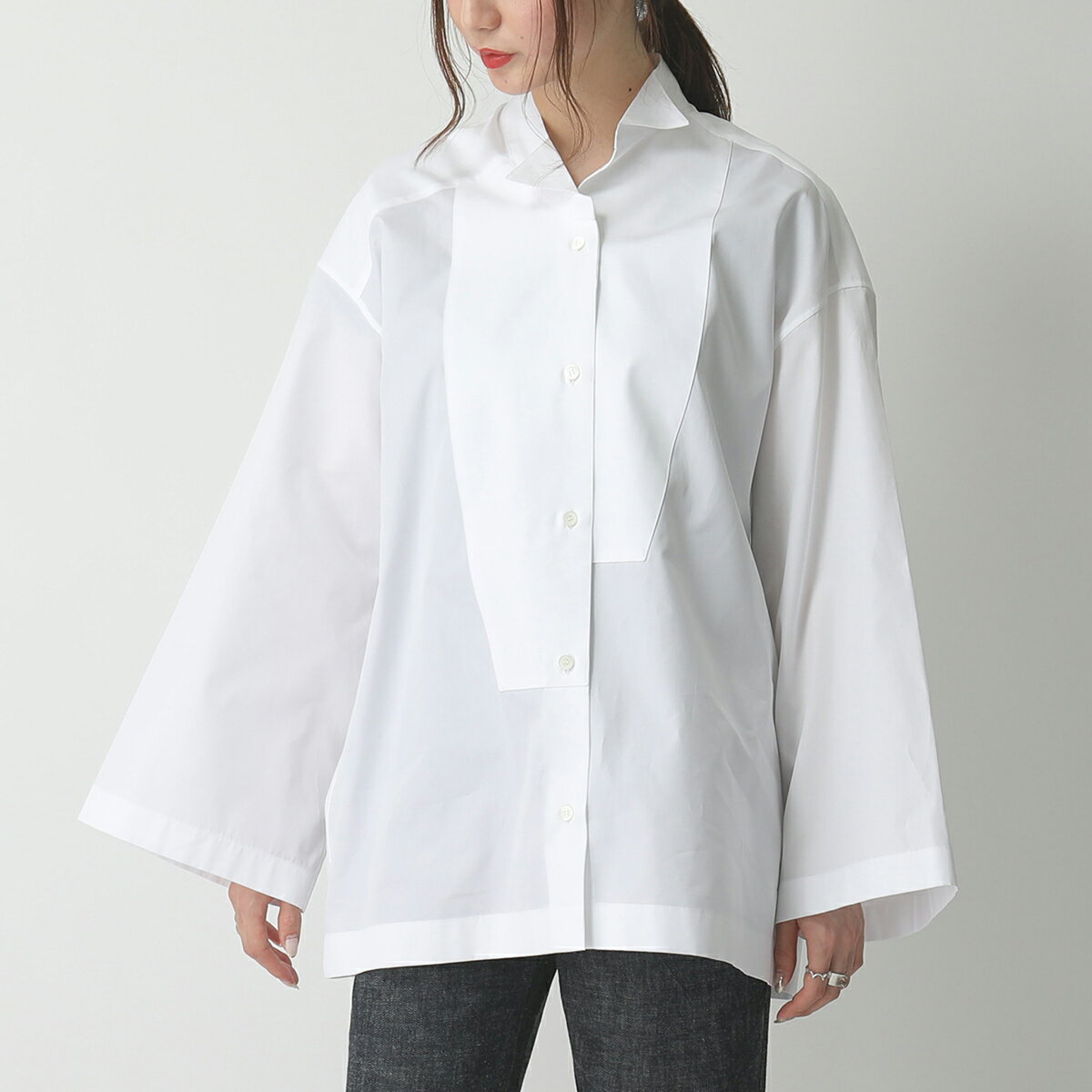 【エントリーでポイント最大19倍！6月15日限定】LOEWE ロエベ S2109412GH Oversize Shirt ワイドスリーブ 長袖シャツ アシメ ウィングカラー ブラウス 2100/WHITE レディース