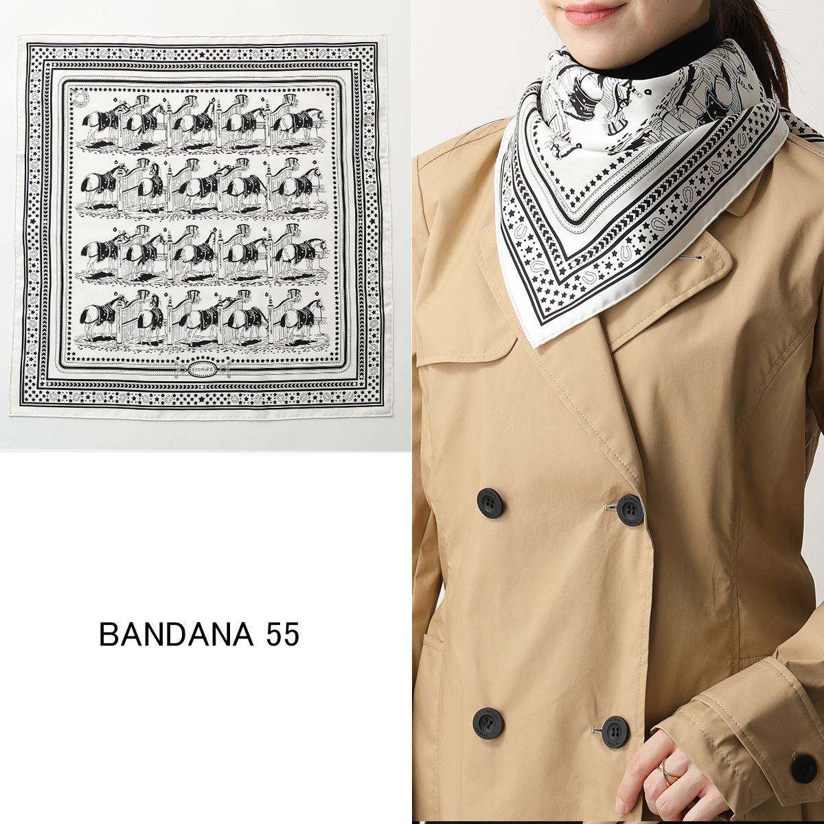 HERMES エルメス BANDANA 55 043422S バンダナ フランス製 シルクスカーフ ケース付き 06/BM/BLANC/NOIR/BLANC レディースのサムネイル