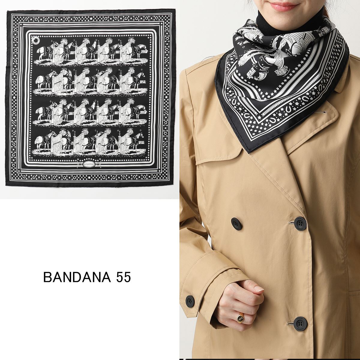 HERMES エルメス BANDANA 55 043422S バンダナ フランス製 シルクスカーフ ケース付き 07/BM/NOIR/BLANC/NOIR レディースのサムネイル