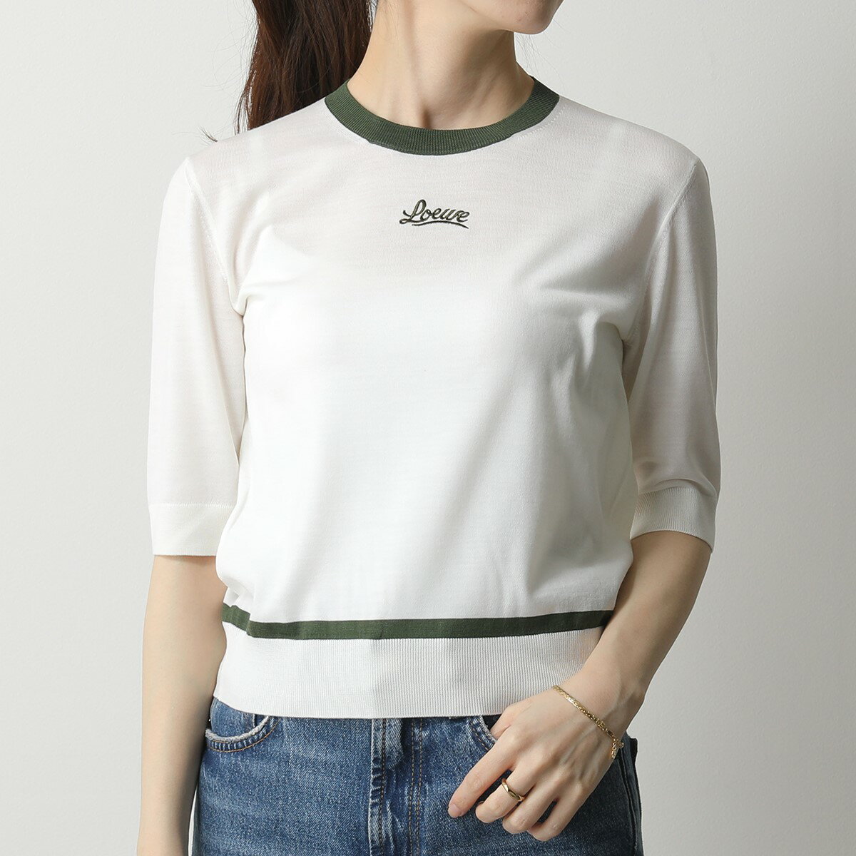 LOEWE ロエベ S817Y14K27 ルレックス エンブロイダリー クロップド セーター ニット 五分袖 ロゴ刺繍 ウール クルーネック 2008/WHITE-KH レディースのサムネイル