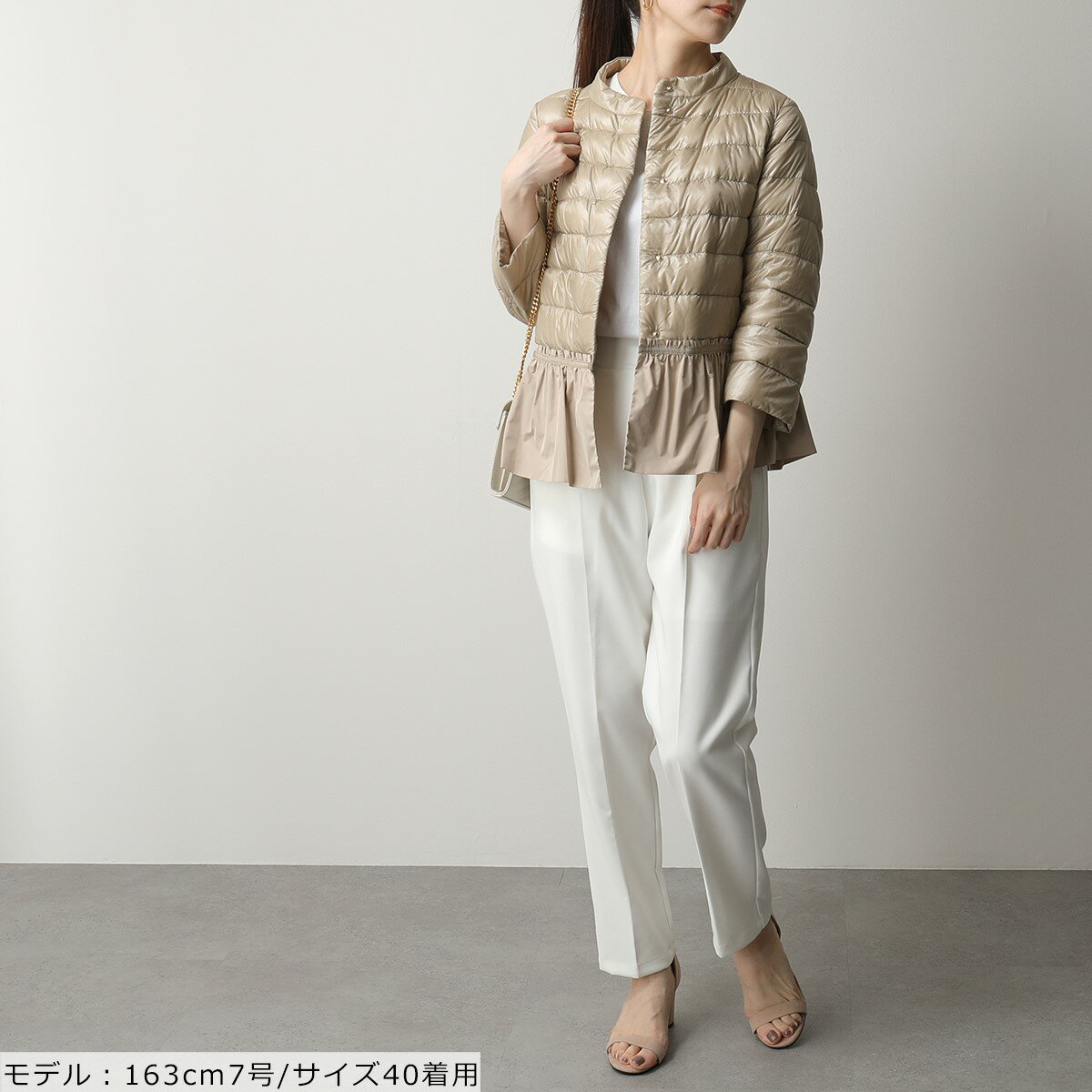 HERNO ヘルノ PI1235D 12017 ダウンジャケット ライトダウン切替 ノーカラー 七分袖 ショート丈 ブルゾン フリル 2100 レディース