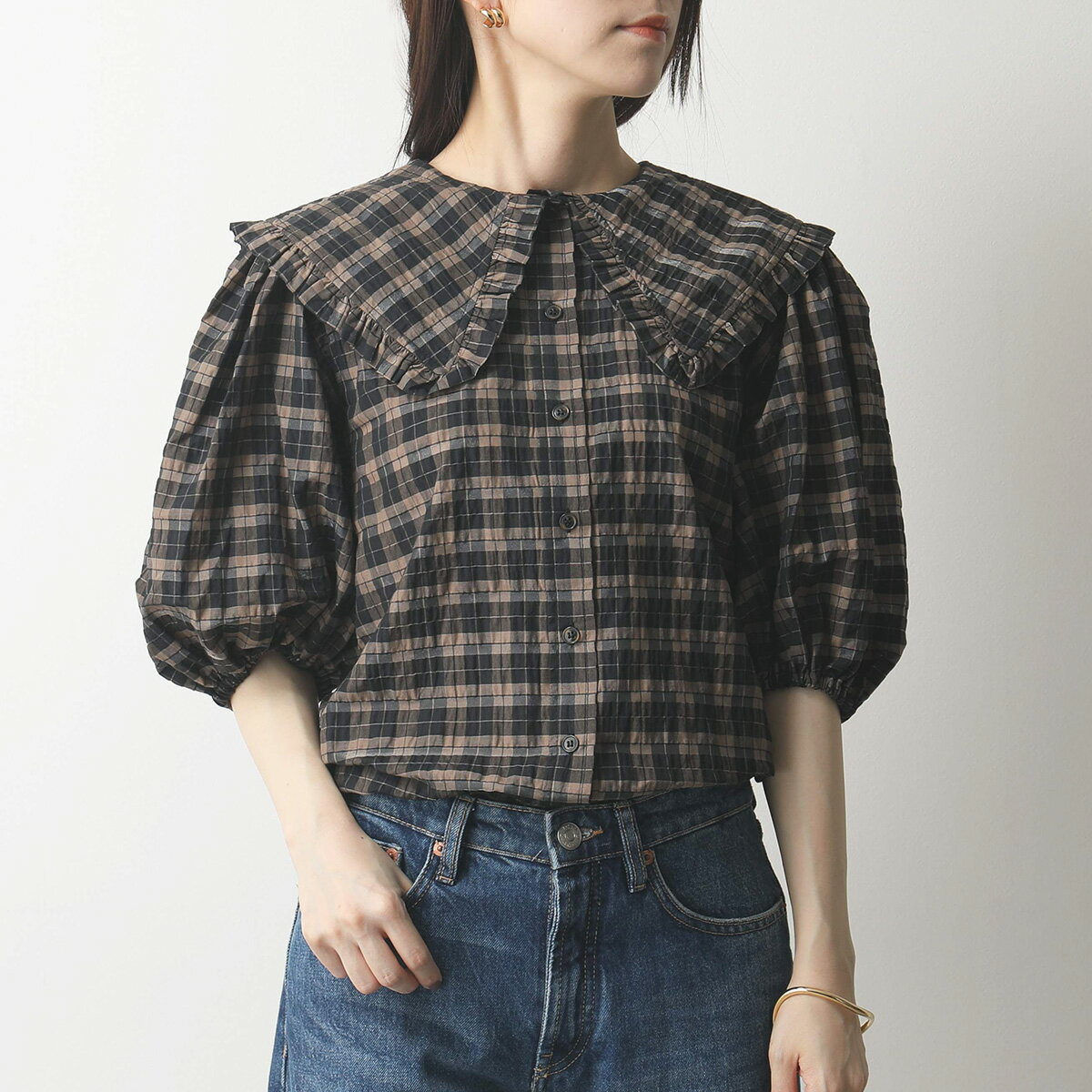 GANNI ガニー F5825 6173 ブラウス シャツ カットソー 半袖 チェック パフスリーブ 襟付き コットン 189/Fossil レディース【2021ss】【cp_tops】