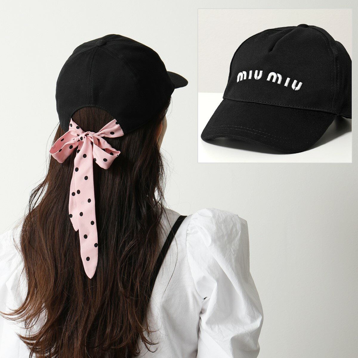 MIUMIU ミュウミュウ 5HC256 2DOQ コットン ベースボールキャップ 立体ロゴ刺繍 リボン ドット 帽子 F0QXC/NERO+GEMMA レディースのサムネイル