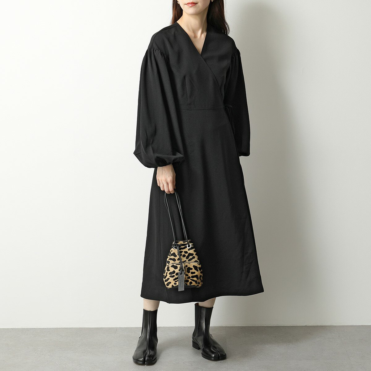 GANNI ガニー F5806 6176 パフスリーブ 長袖 ラップ ワンピース Vネック ロング丈 099/Black レディースのサムネイル