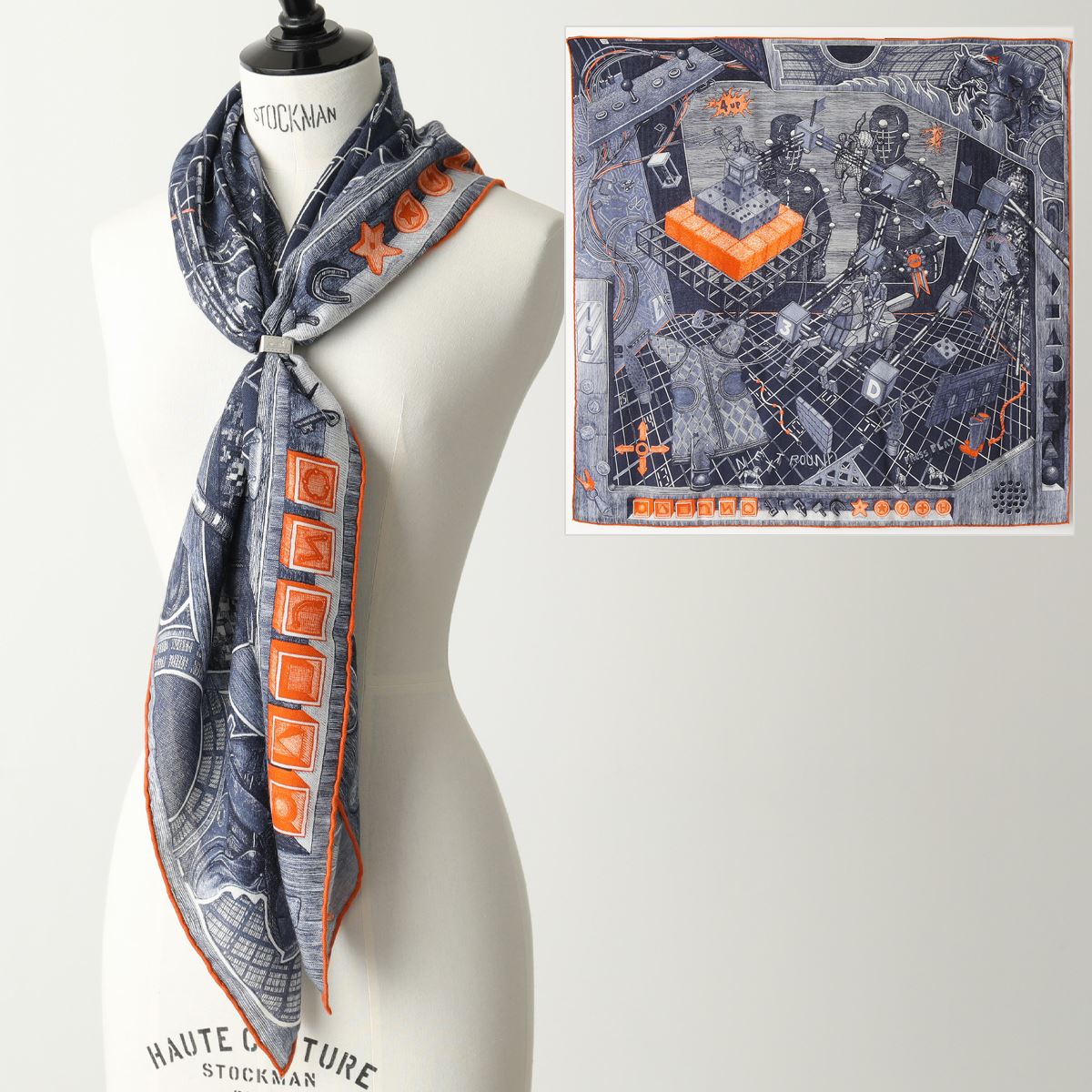 HERMES エルメス 103233T CARRE H 100 カレ カシミヤシルク カシシル ストール マフラー ケース付き 17/MARINE-OCEAN-ORANGE レディース メンズのサムネイル