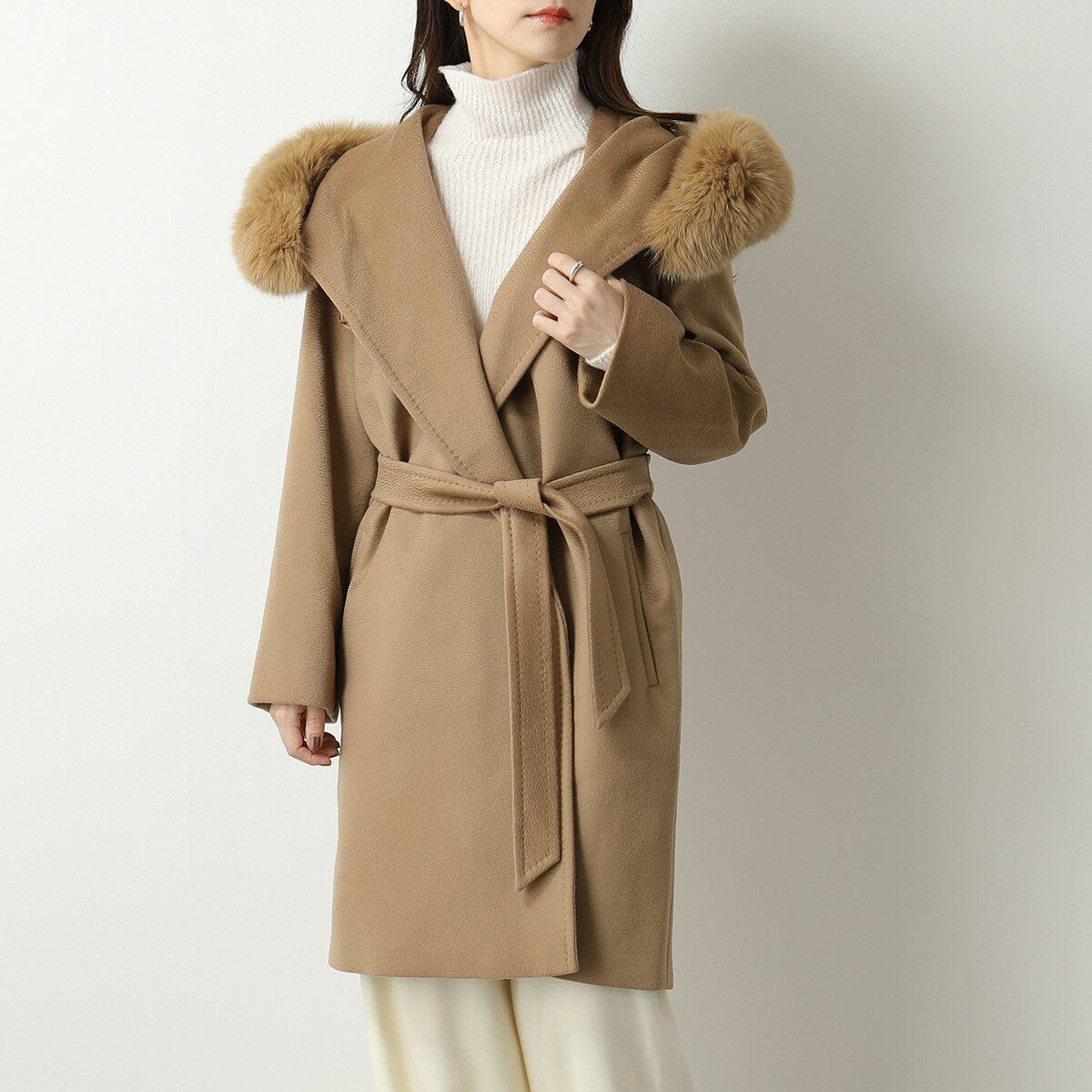 MAX MARA Studio マックスマーラ ステュディオ MANGO マンゴー ピュア ヴァージンウール コート フォックスファー ベルテッドコート 006 レディース