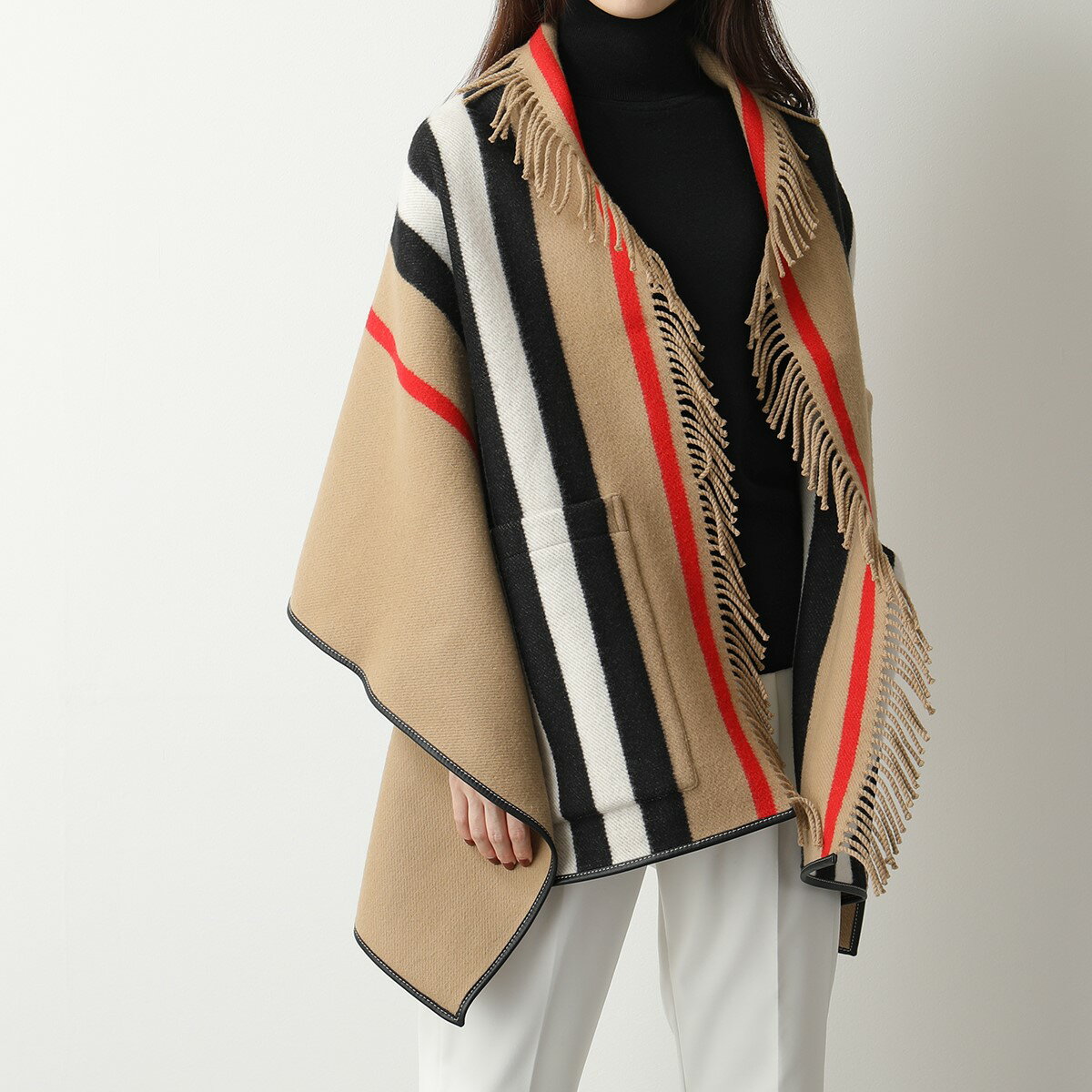 BURBERRY バーバリー 8019415 カシミヤ混ウール フリンジ ケープ ポンチョ マント ストール マフラー チェック A7026/ARCHIVE-BEIGE レディースのサムネイル