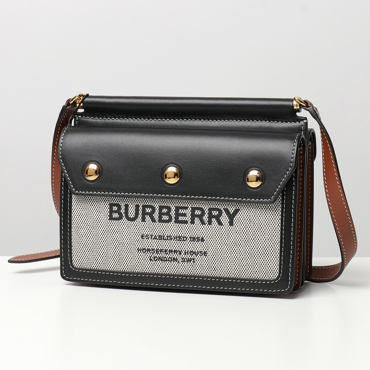 BURBERRY バーバリー ショルダーバッグ レディース 8042852 Mini Horseferry Print Title Bag with Pocket Detail A1189/BLACK-TAN レザー×キャンバス 鞄