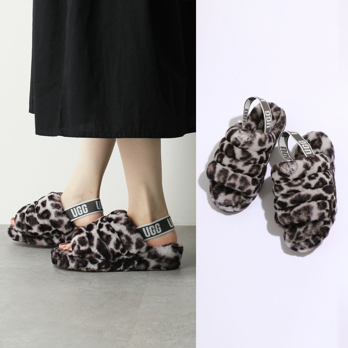 UGG アグ ストラップ サンダル レディース FLUFF YEAH SLIDE 1120903 フラッフ イヤー スライド パンサー アニマル ロゴ シープスキン ファー フラット 靴のサムネイル