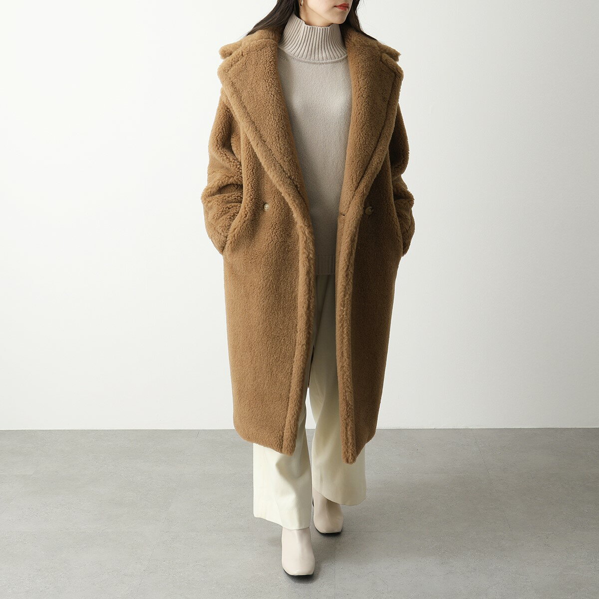 MAX MARA マックスマーラ ファーコート TEDDY レディース キャメル シルク テディコート チェスターコート オーバーサイズ ダブルブレスト ロングコート 001