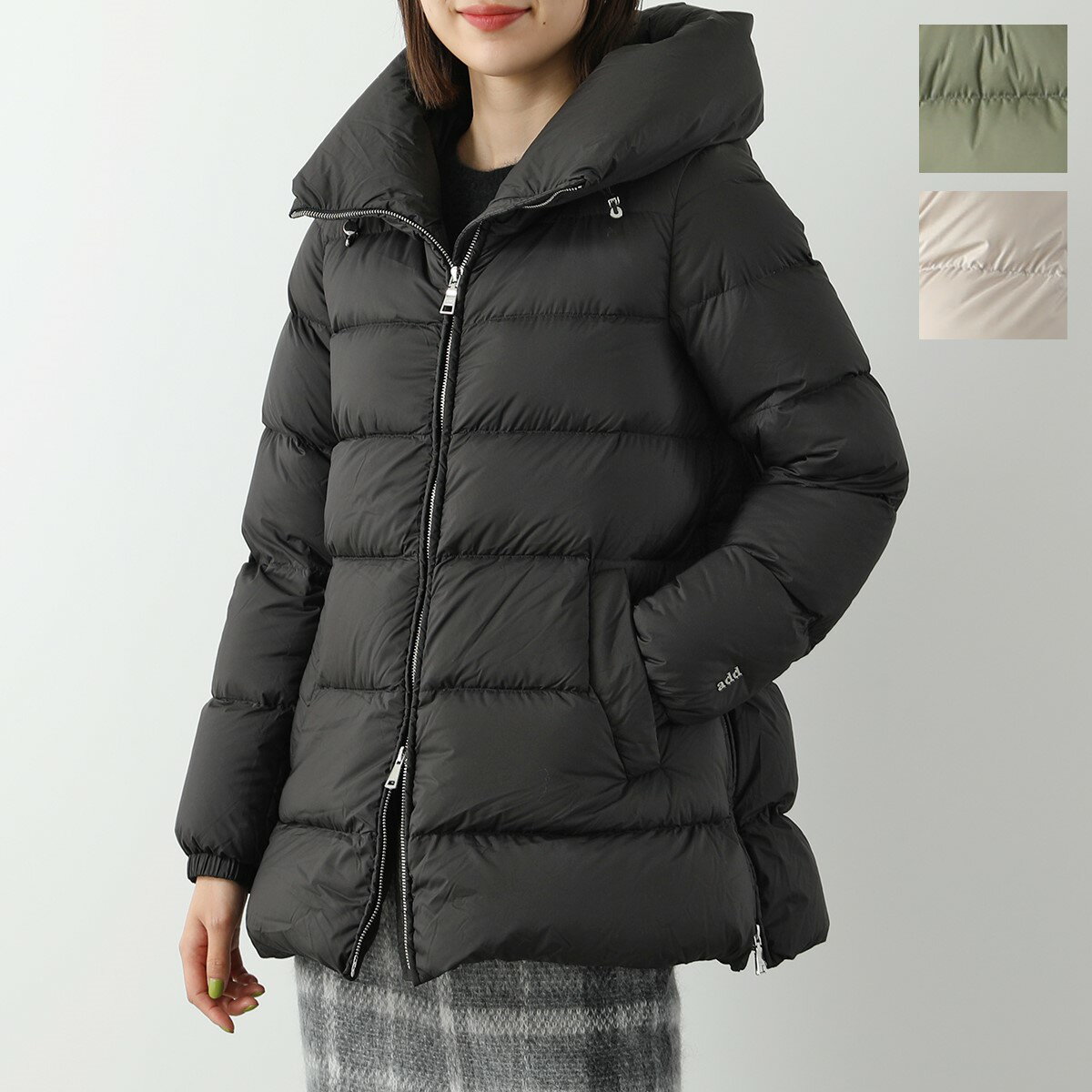 add エーディーディー ダウンコート 4AW443 レディース サイドジップ フーテッド ジャケット ブルゾン ミディアム丈 COCOON LIGHT 8506/BLACK【po_jyuuu】
