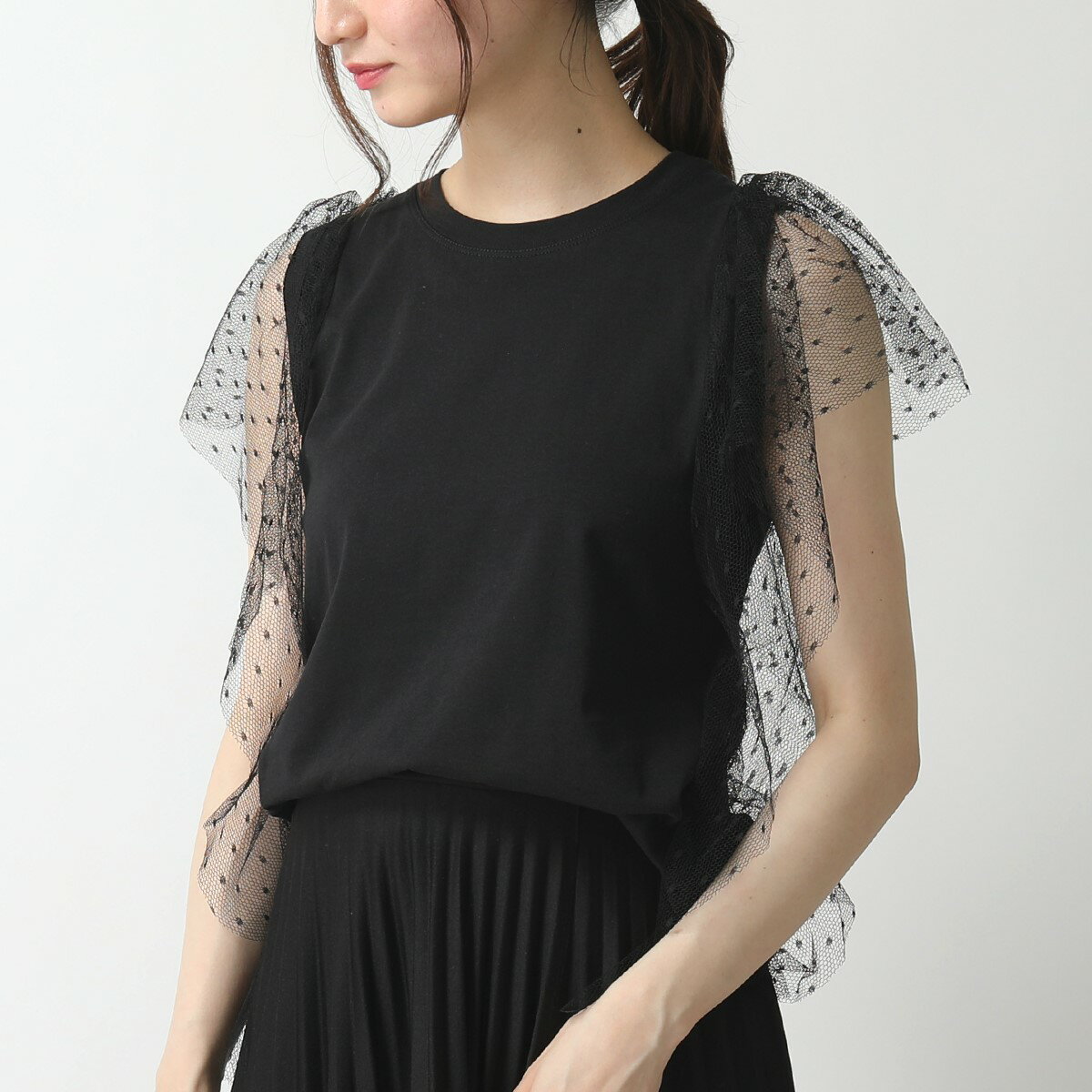 RED VALENTINO レッド ヴァレンティノ TR3MG03Y 4UH Tシャツ ラッフルチュールスリーブ カットソー 0NO/NERO レディースのサムネイル