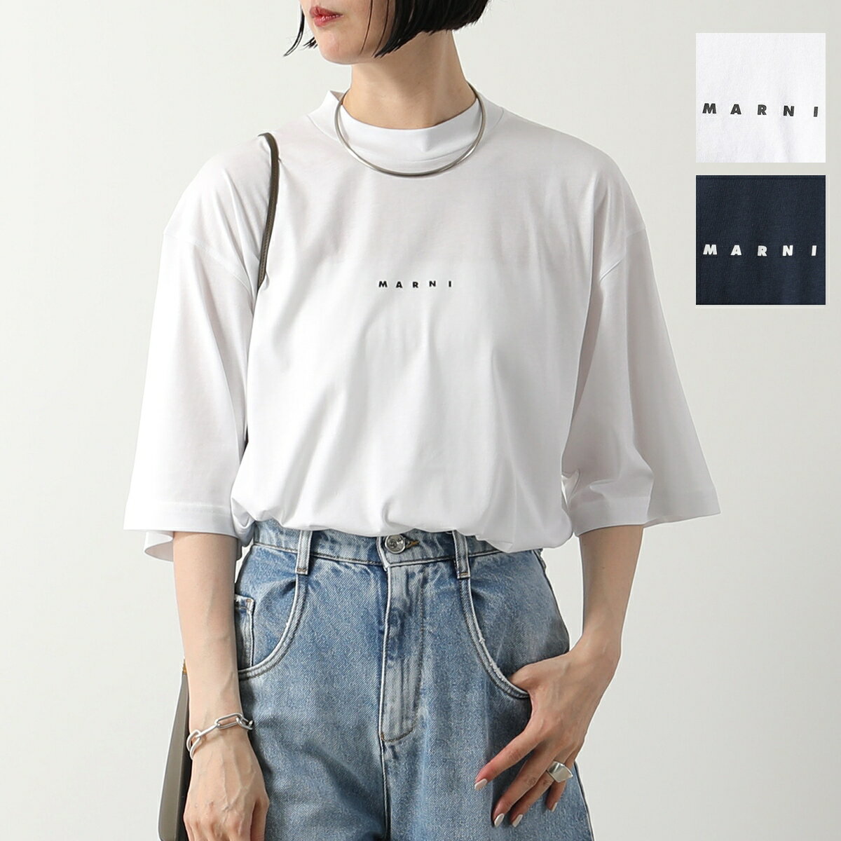 MARNI マルニ Tシャツ HUMU0223P1 USCS87 レディース コットン ちびロゴT モックネック オーバーサイズ 半袖 カラー2色のサムネイル