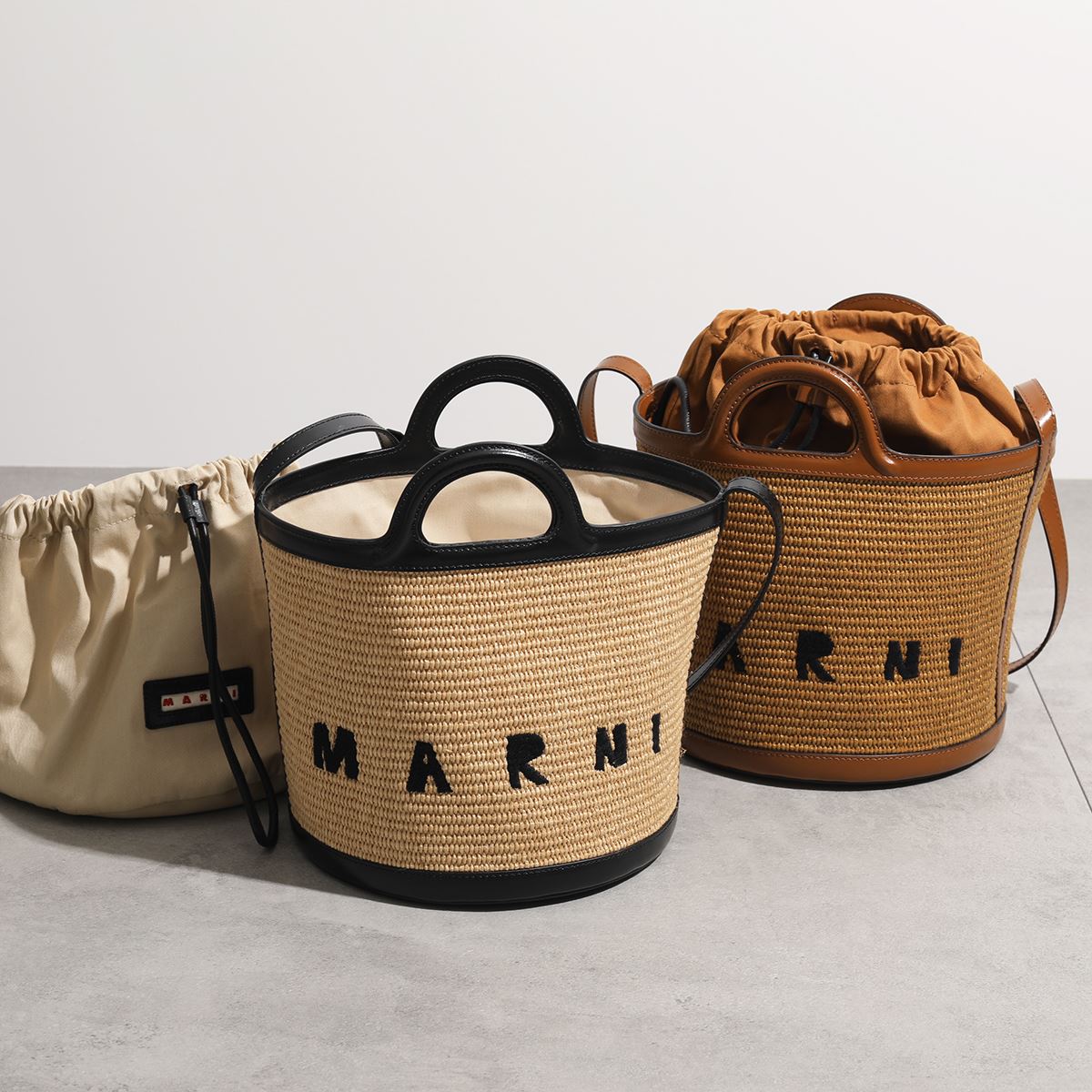 MARNI マルニ バケットバッグ TROPICALIA SCMP0057Q1 P3860 レディース ラフィア×レザー ハンドバッグ ショルダーバッグ かご 巾着付き ロゴ刺繍 鞄 カラー2色のサムネイル