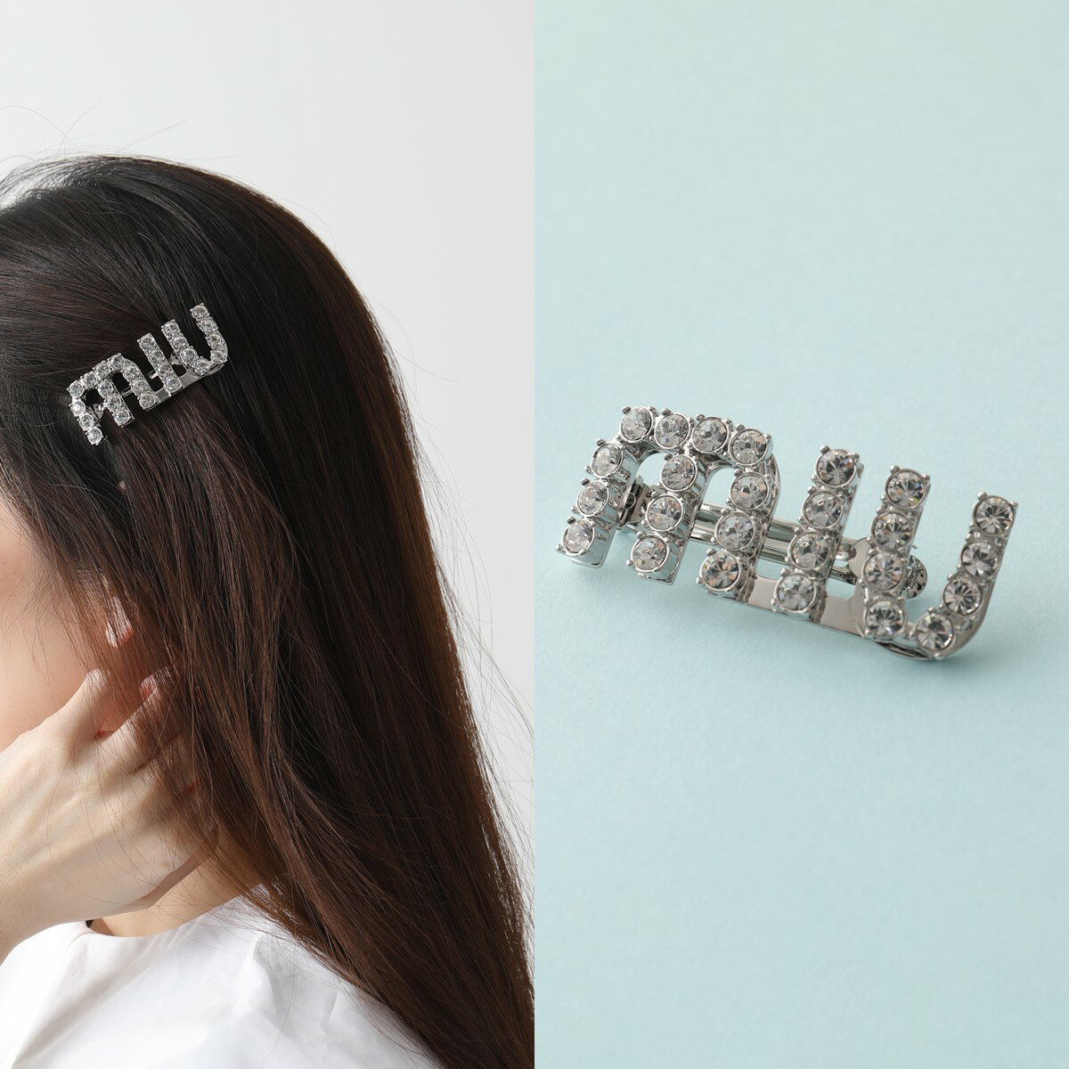 MIUMIU ミュウミュウ バレッタ 5JF082 2DNC レディース ヘアクリップ クリスタル ロゴ ヘアアクセサリー F0OKL/ACCIAIO+CRYSTALのサムネイル