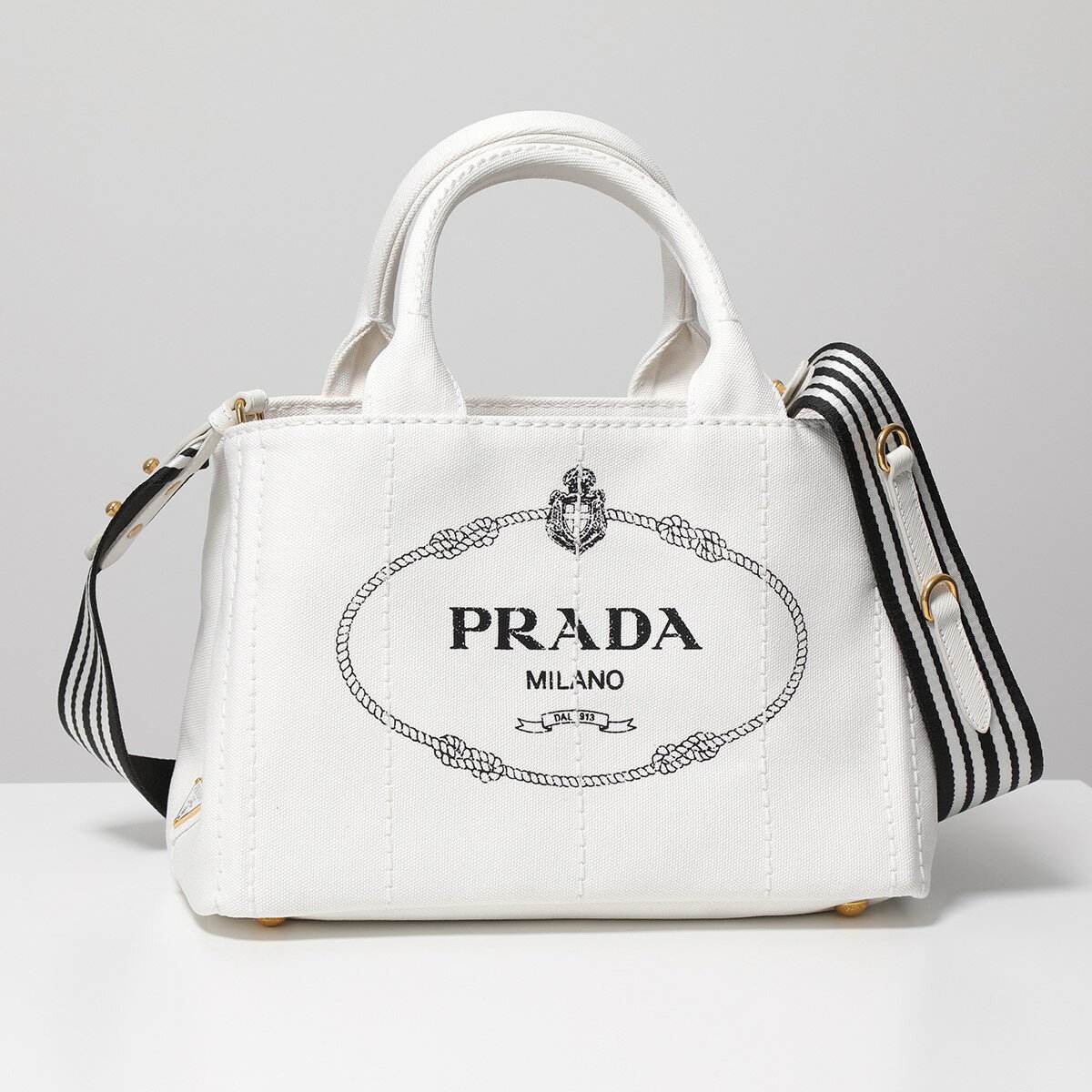 PRADA プラダ ショルダーバッグ CANAPA カナパ 1BG439 ROO ZKI レディース スモール トート キャンバス ストライプ 鞄 F0964/BIANCO-NEROのサムネイル