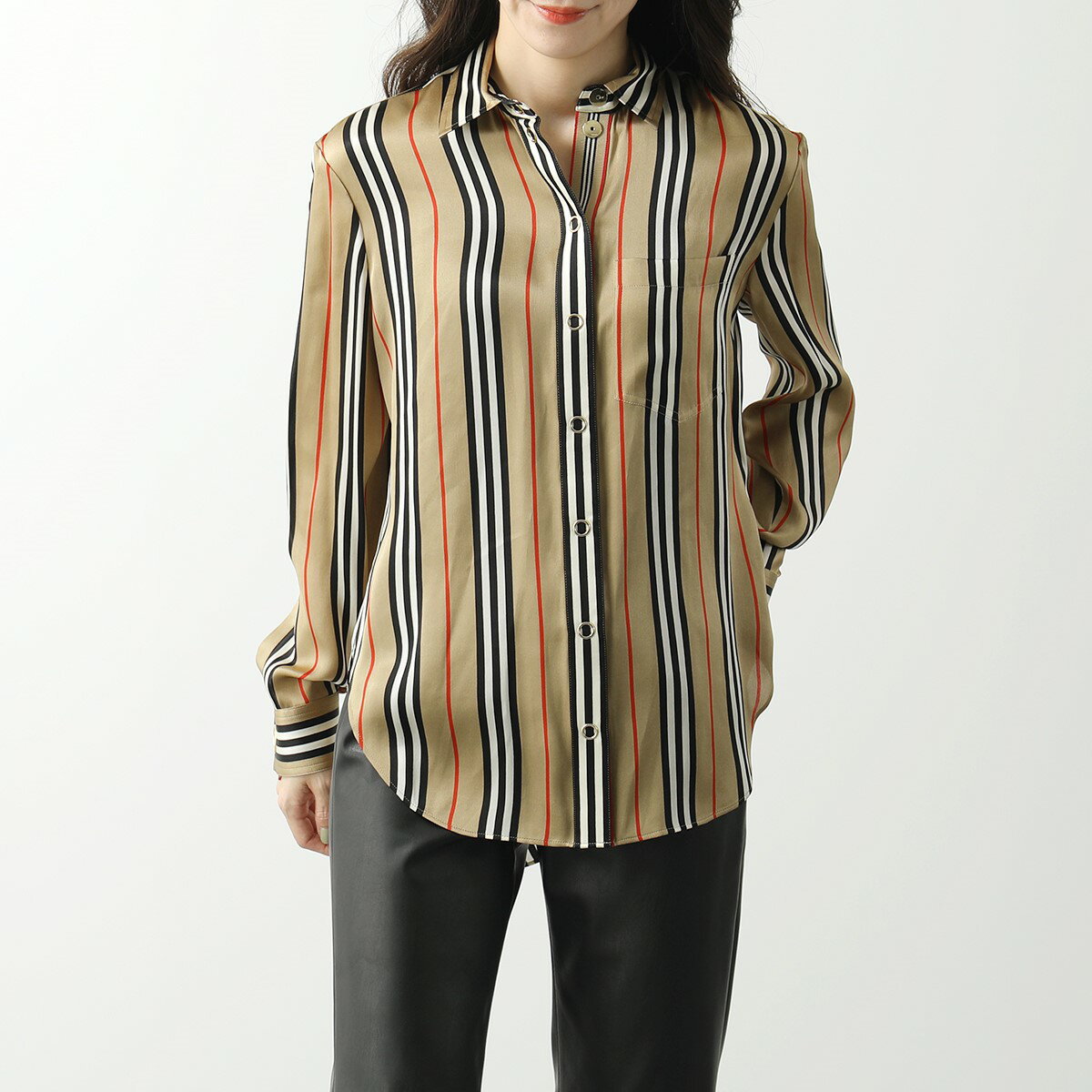 BURBERRY バーバリー シルクシャツ 8011074 レディース 長袖 アイコンストライプ ブラウス ゴールドボタン A7029/ARCHIVE-BEIGEのサムネイル
