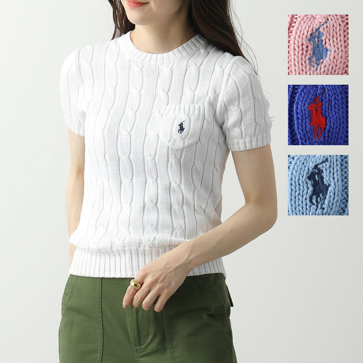 POLO Ralph Lauren ポロ ラルフローレン ニット 211743311 レディース 半袖 ケーブルニット セーター ポニー 刺繍 クルーネック コットン カラー4色のサムネイル