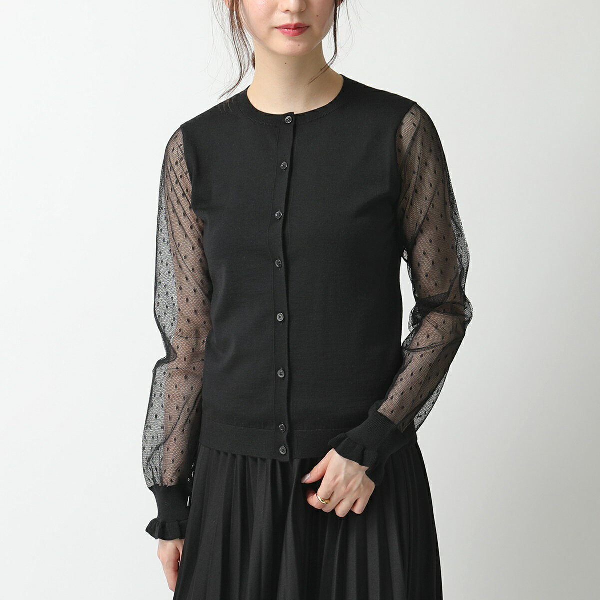 RED VALENTINO レッド ヴァレンティノ TR3KAA61 4Y8 ドット柄 チュールスリーブ ウール ニット カーディガン セーター 0NO/NERO レディースのサムネイル