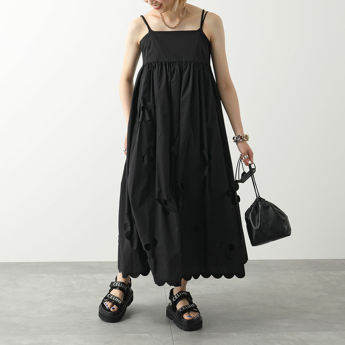 MEIMEIJ メイメイジェイ ワンピース DRESS M2EA51 レディース フレア フラワーカッティング フリル ロング丈 ストラップ キャミワンピ コットンポプリン 100のサムネイル