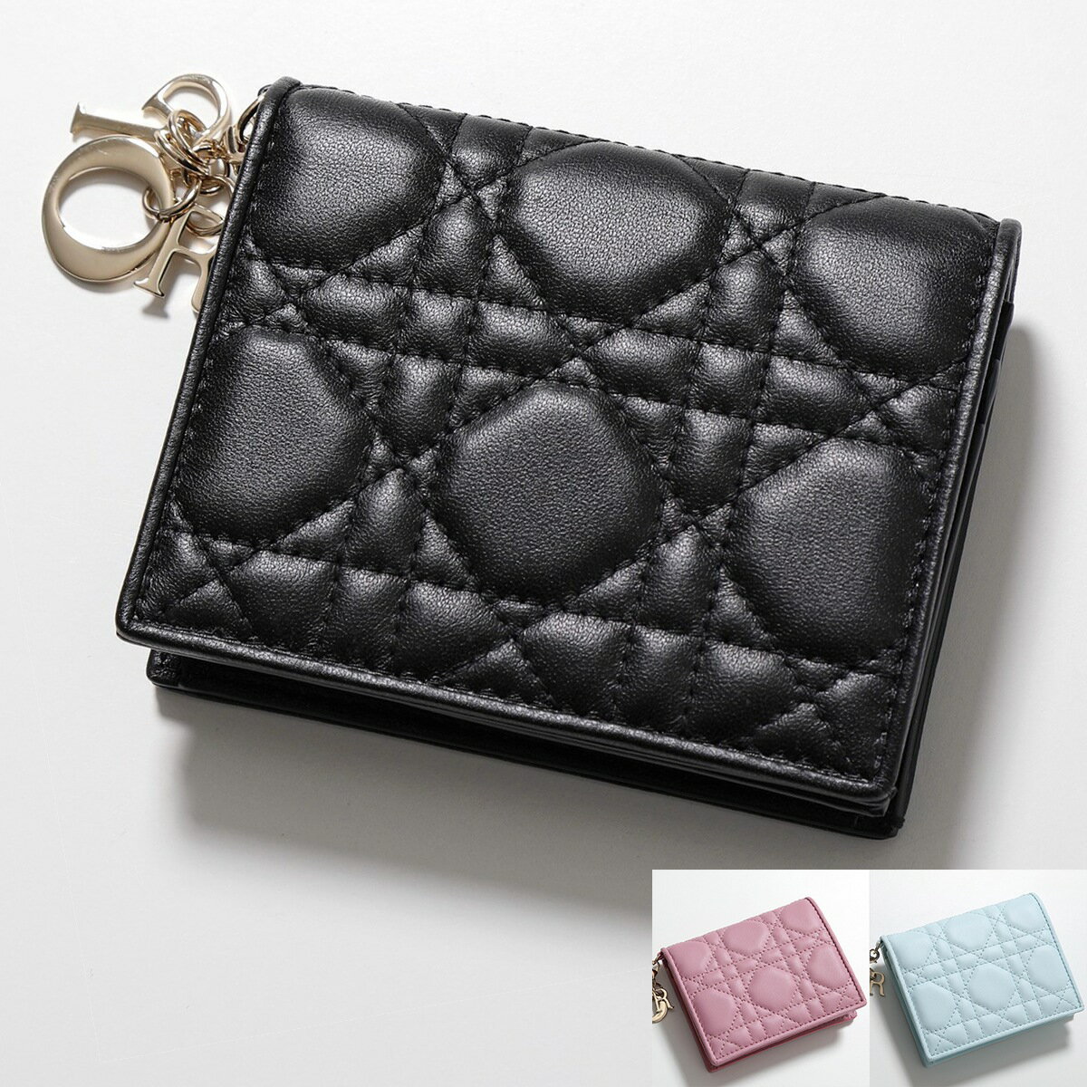 Dior ディオール 二つ折り財布 S0178ONMJ LADY DIOR MEDIUM WALLET レディース レザー カナージュ ミニ財布 ロゴメタルチャーム付き 900/Noirのサムネイル