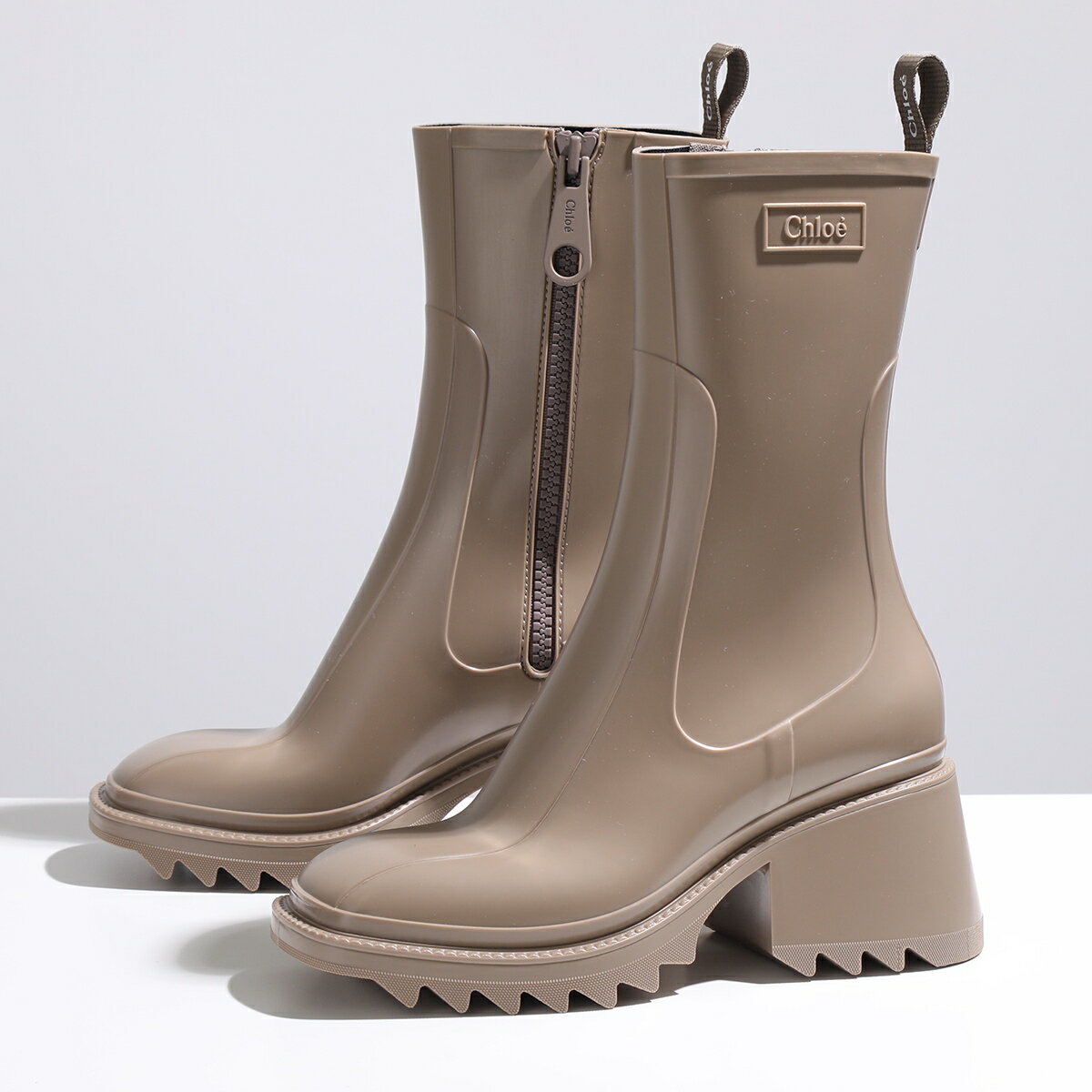 Chloe クロエ レインブーツ BETTY BOOTS ベティ CHC19W239G8 レディース ショートブーツ サイドジップ チャンキーヒール ロゴ 靴 21V/Dark-Greige