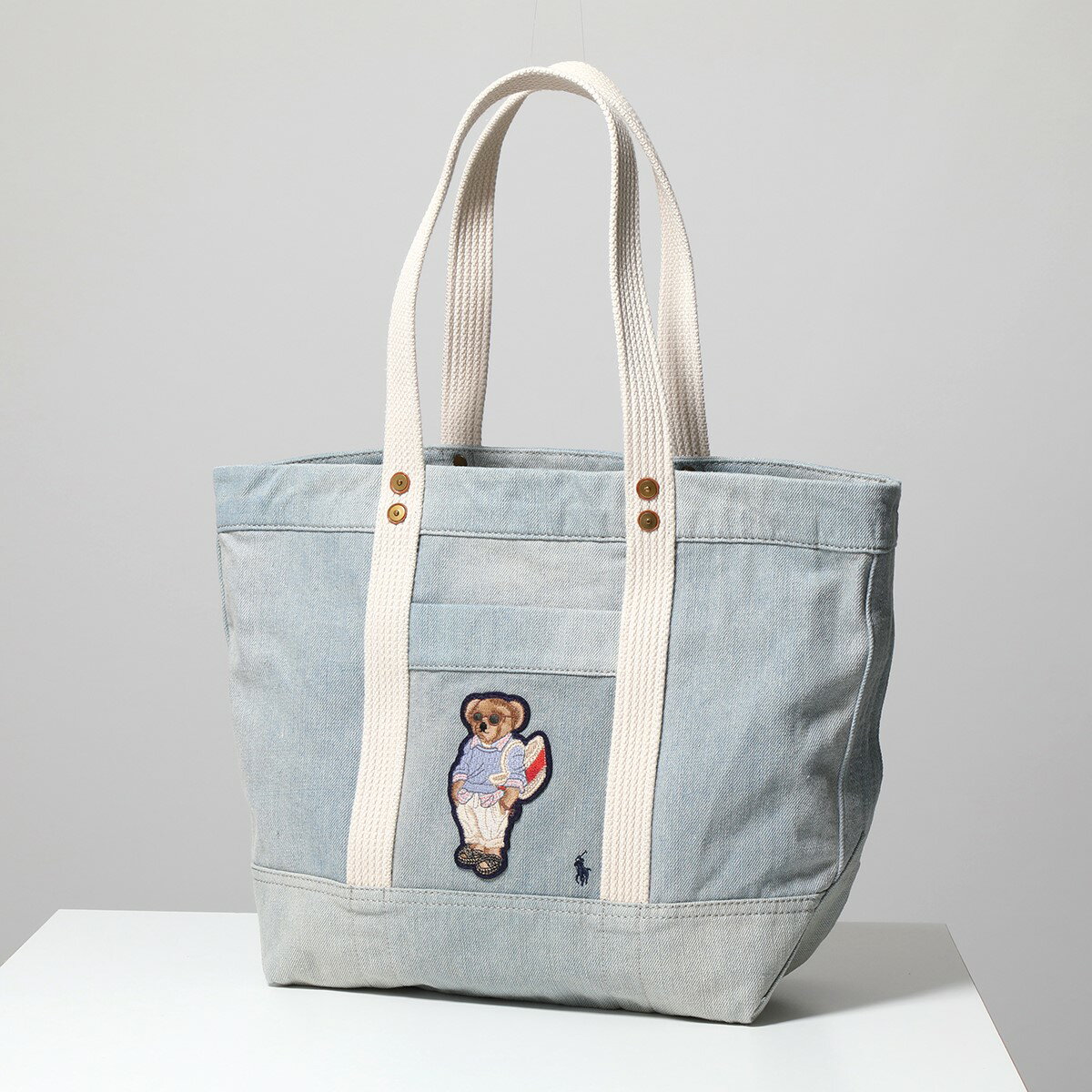 POLO Ralph Lauren ポロラルフローレン トートバッグ PP TOTE-TOTEMEDIUM 428863172 レディース デニム ベア刺繍パッチ ポニー刺繍 鞄 001/BLUEのサムネイル