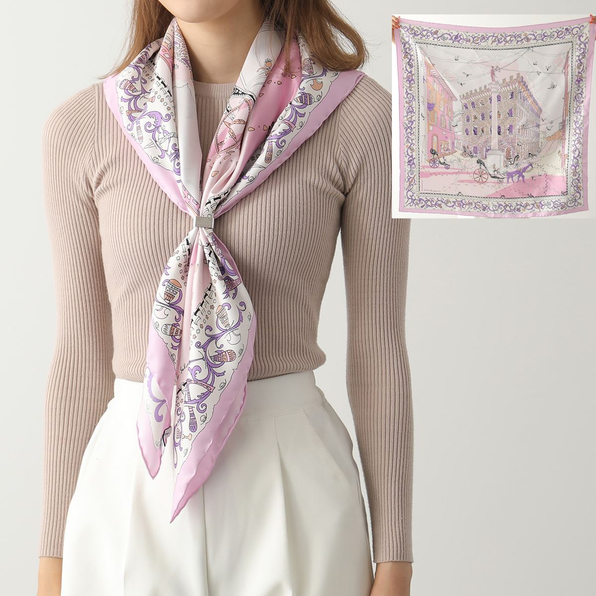 SALVATORE FERRAGAMO フェラガモ スカーフ 31 1595 レディース 90×90 シルク 絵画 モチーフ ROSA/AVORIOのサムネイル