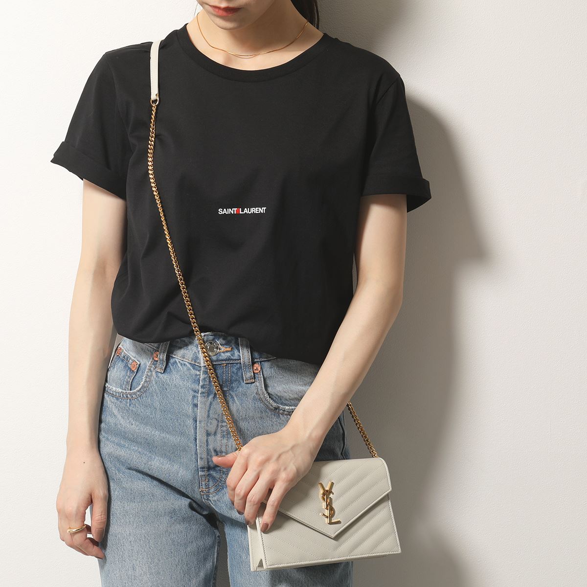 SAINT LAURENT PARIS サンローランパリ 464572 YB2DQ 1000 クルーネック ちびロゴT 半袖 Tシャツ カットソー 丸首 レディース【2021ss】