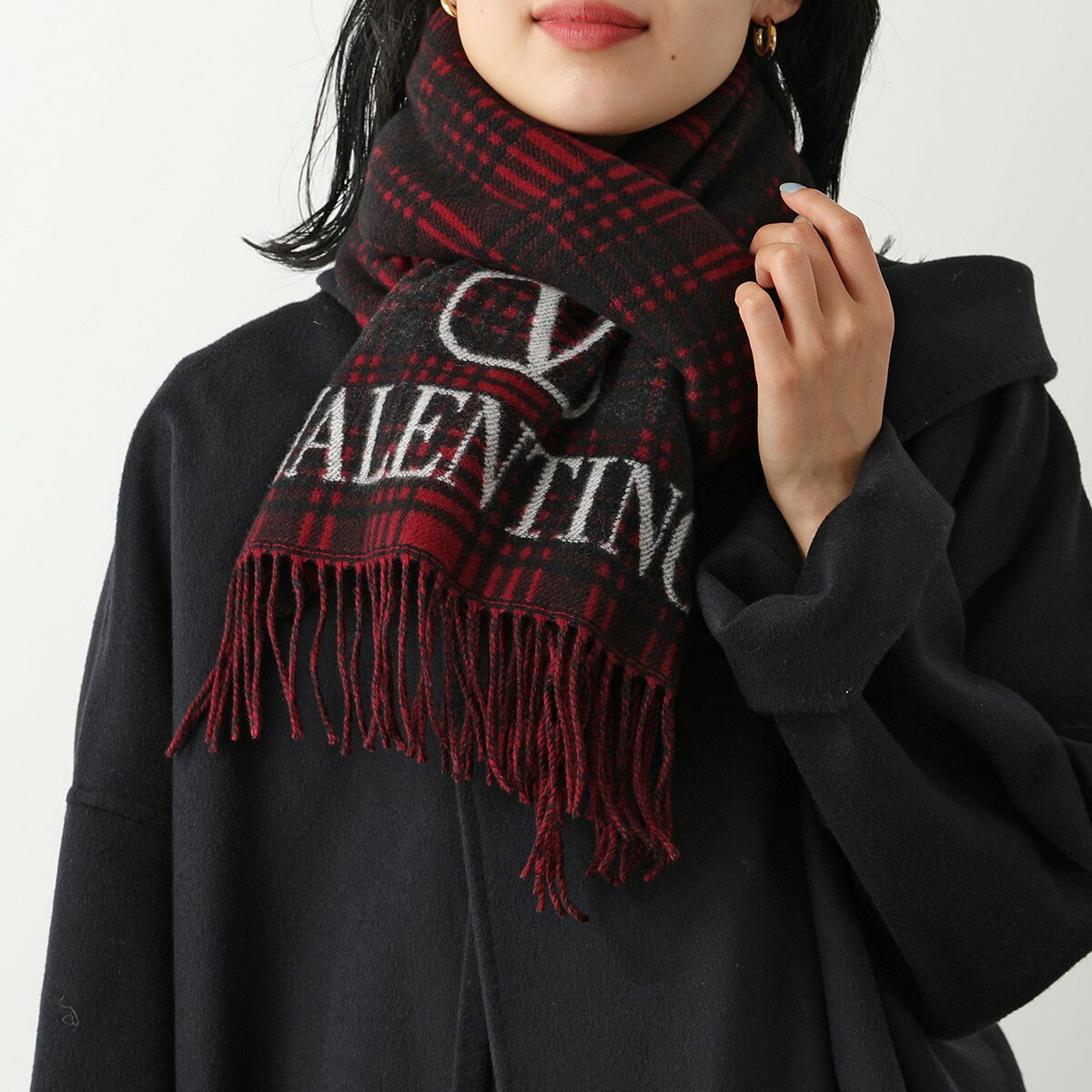 VALENTINO ヴァレンティノ マフラー 1Y2ER033HWJ レディース カシミヤ混ウール チェック柄 Vロゴ フリンジ ストール 6URのサムネイル