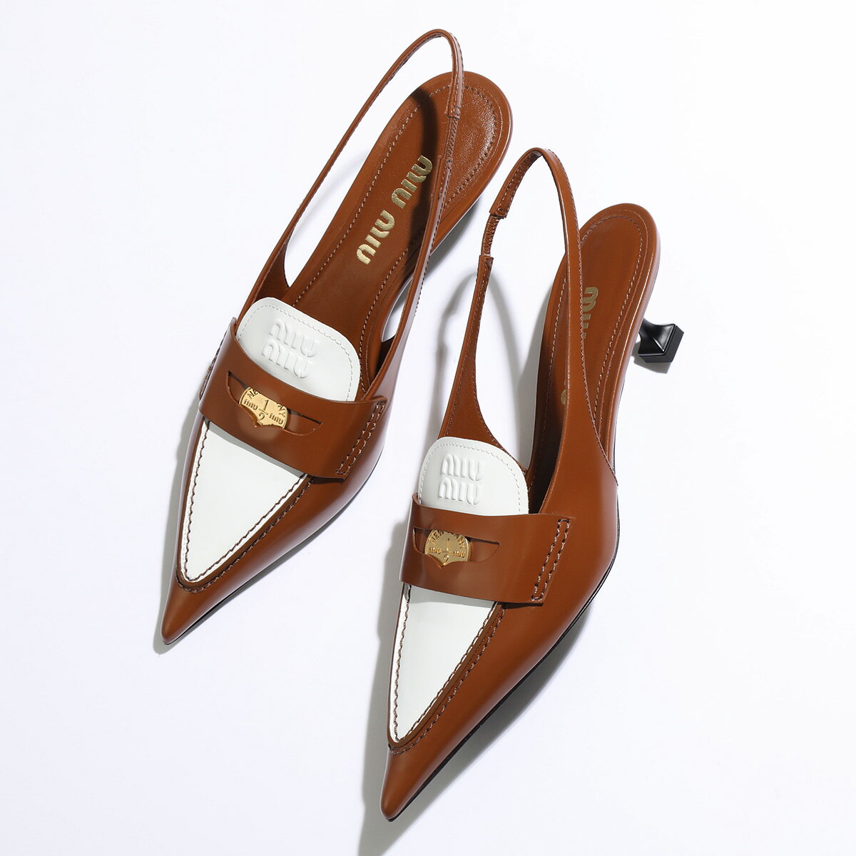 MIUMIU ミュウミュウ パンプス 5D774DF045 AZE レディース ヒールローファー レザー ロゴ ペニーローファー キトゥンヒール 靴 F070D/TABACCO-BIANCOのサムネイル