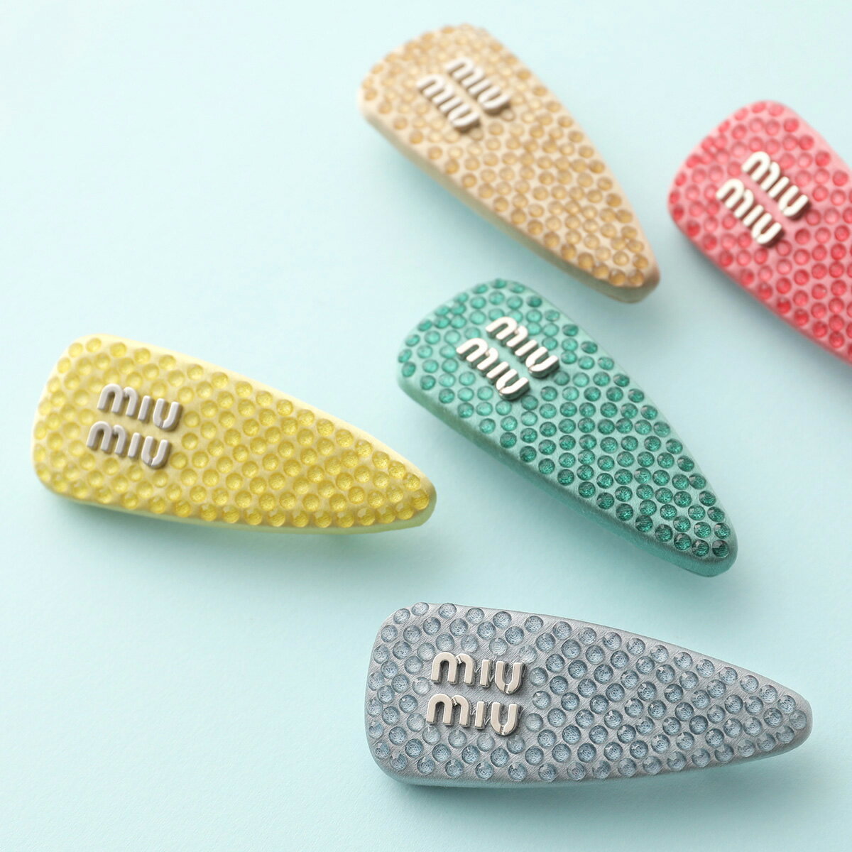 MIUMIU ミュウミュウ バレッタ 5IF092 2DDK レディース ロゴ ヘアクリップ 髪留め ヘアアクセサリー ラインストーン サテン カラー5色のサムネイル