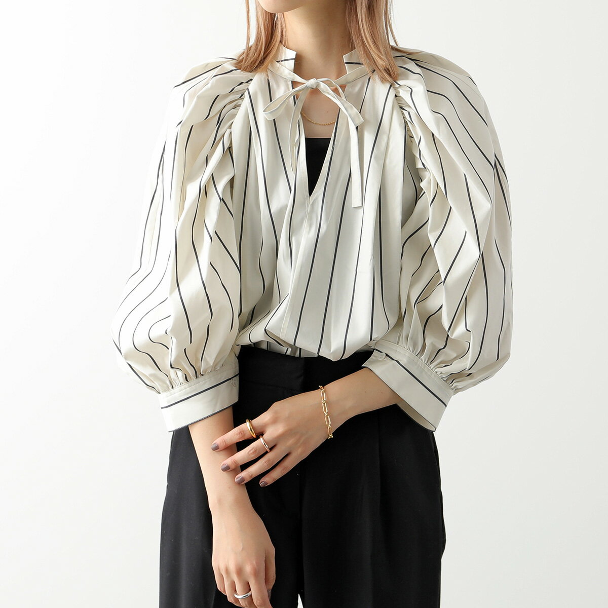 3.1 Phillip Lim スリーワンフィリップリム ブラウス F221-2476YPS レディース コットン ポプリン ストライプ パフスリーブ Vネック UN117/UNBLEACHED-MULTIのサムネイル