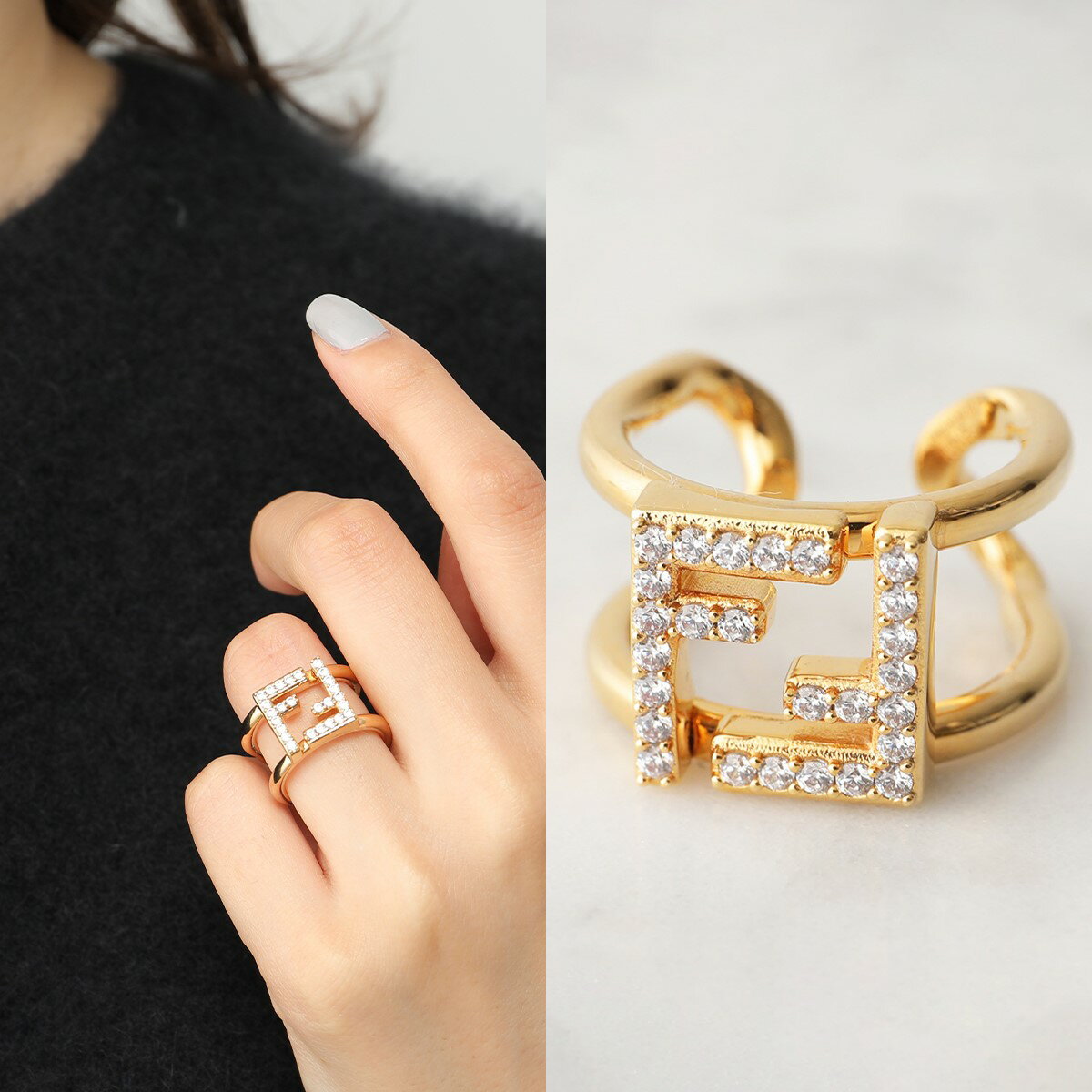 FENDI フェンディ リング 8AH246 A44G レディース FF メタル クリスタル ロゴ アクセサリー 指輪 F089U/SOFT-GOLD+CRYSTALのサムネイル