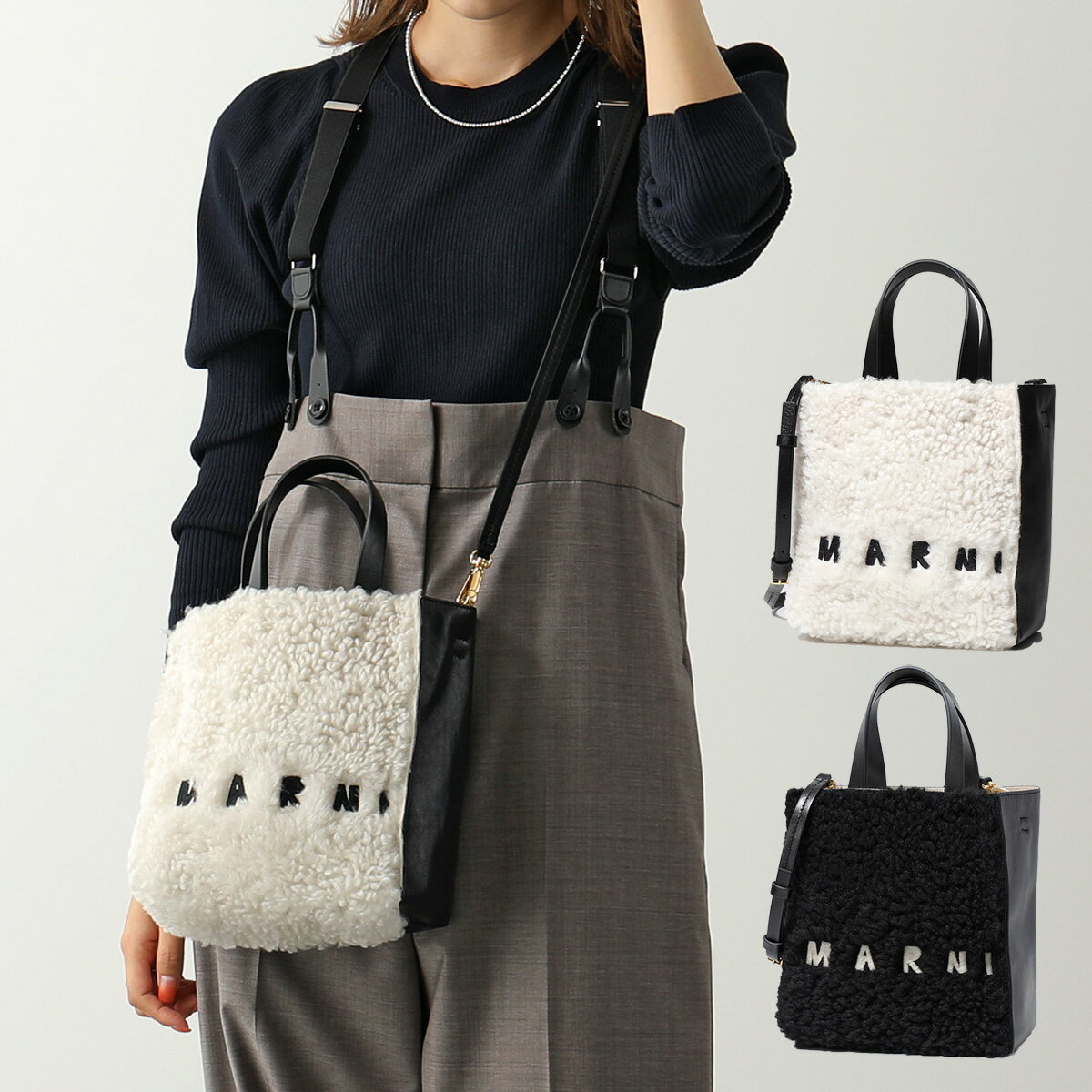 MARNI マルニ ミニトートバッグ MUSEO SOFT ミュゼオ ソフト SHMP0040L1 LM071 レディース ショルダーバッグ ロゴ刺繍 ラムファー 鞄 カラー2色のサムネイル