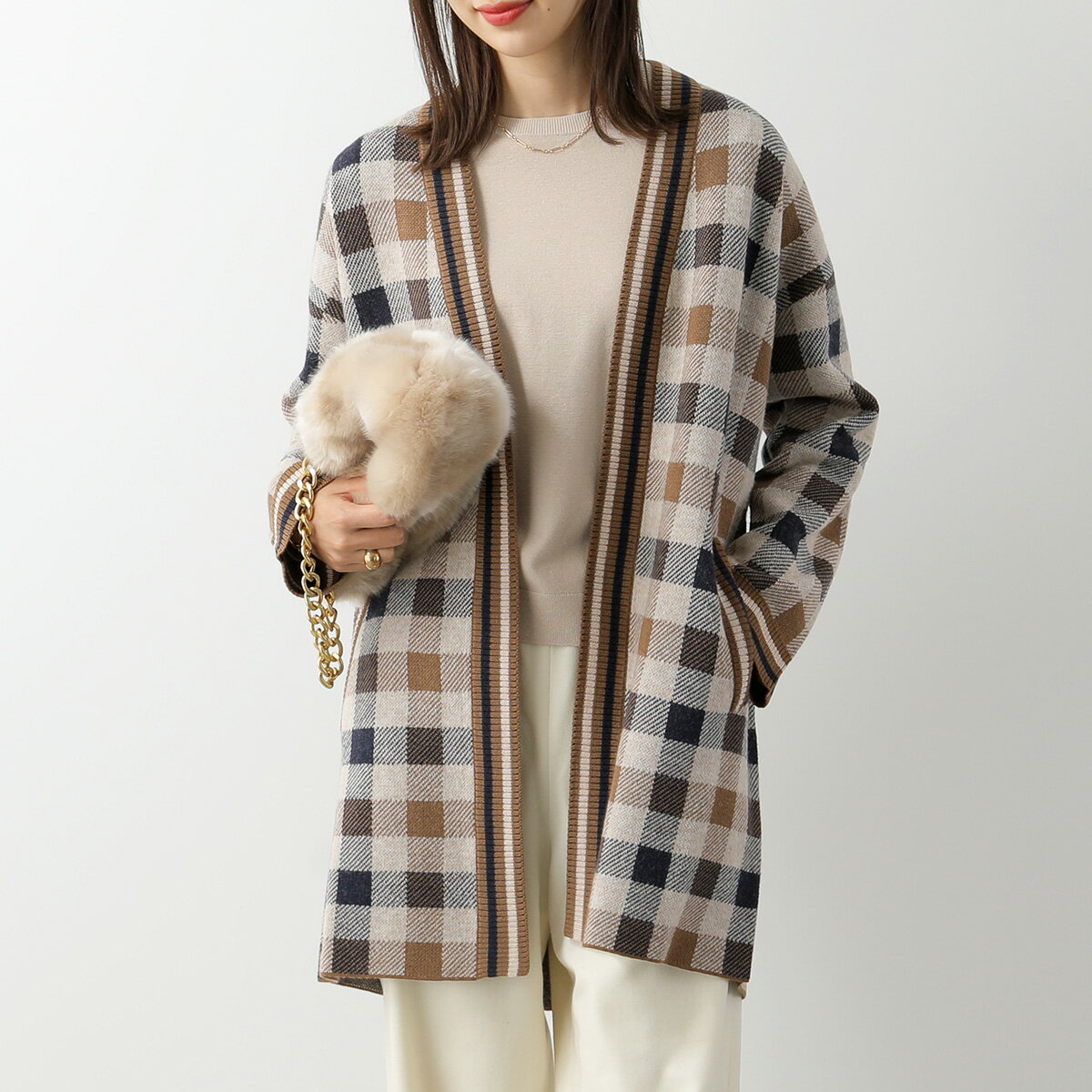 MAX MARA Weekend マックスマーラ ウィークエンド カーディガン LAVAGNA レディース ニット 長袖 ガウン Vネック チェック柄 ベルト付き 001のサムネイル