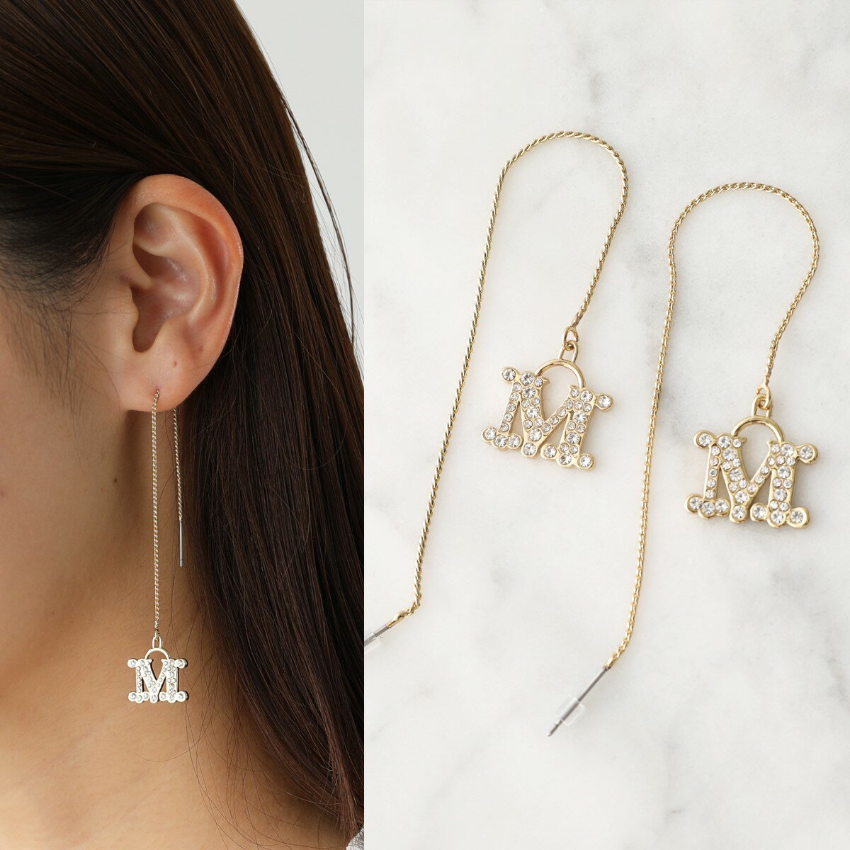 MAX MARA マックスマーラ チェーンピアス EARRY03 レディース ロングピアス ラインストーン クリスタル ビジュー メタル Mロゴ 001のサムネイル