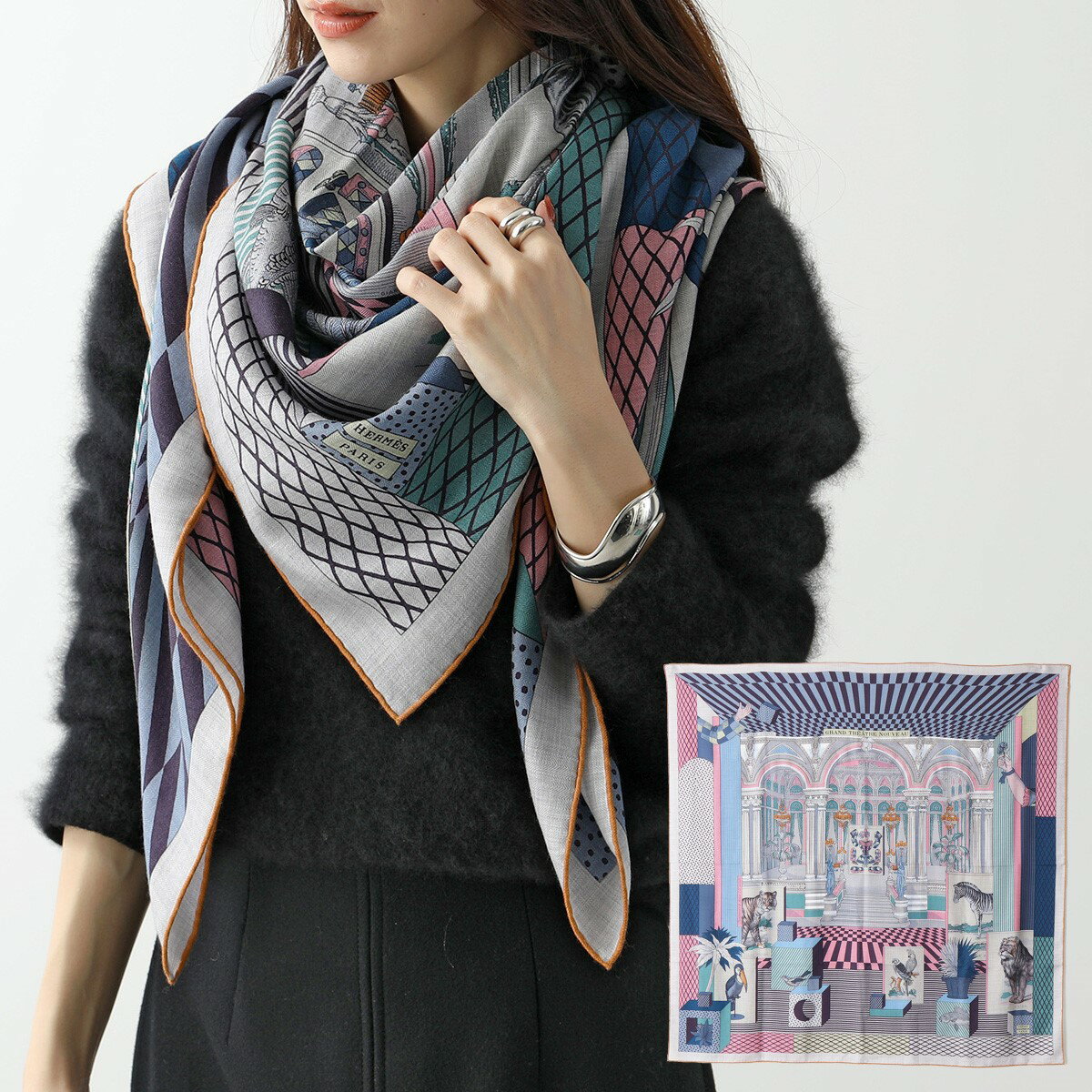 HERMES エルメス ストール CARRE GEANT カレジェアン GRAND THEATRE NOUVEAU レディース カレ 90 カシミヤシルク GRIS/CHINE/BLEU/ROのサムネイル