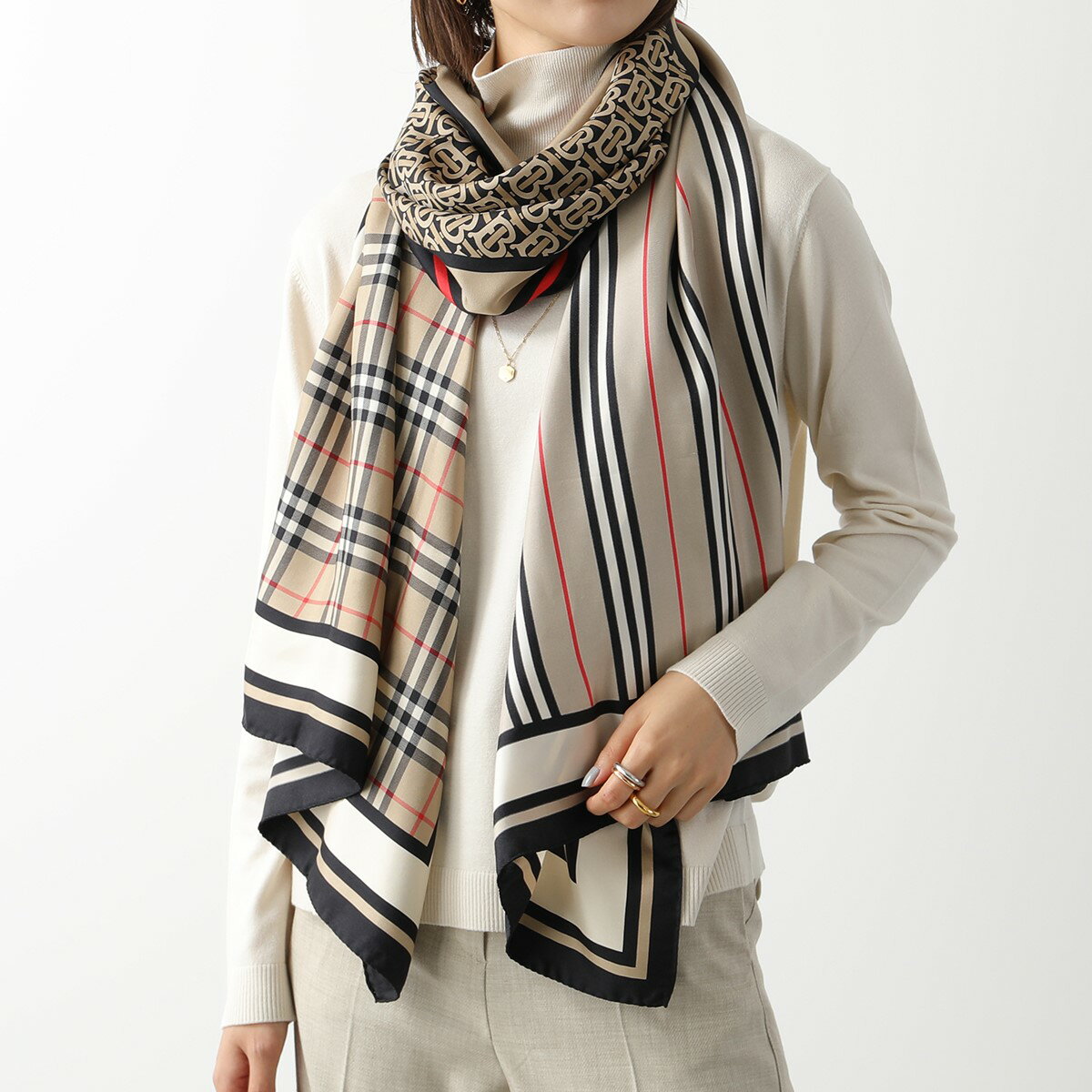 BURBERRY バーバリー ストール SS CHK TB MONO TRP OB 8011951 レディース モノグラム アイコンストライプ ヴィンテージチェック シルク スカーフ ARCHIVE-BEIGEのサムネイル