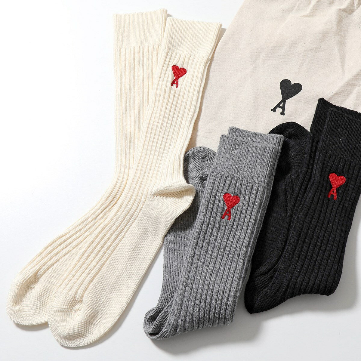 ami paris アミパリス ソックス【3Pセット】THREE-PACK ADC SOCKS BFUSC606 379 メンズ ハートロゴ 刺繍 ハイソックス 靴下 ECRU/GRIS/NOIR/971のサムネイル