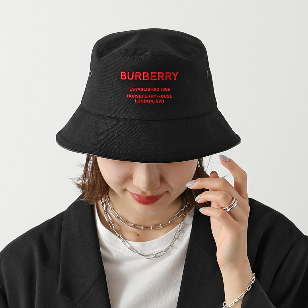 BURBERRY バーバリー バケットハット 8053474 レディース ホースフェリーモチーフ コットン ロゴ刺繍 帽子 A1189/BLACK