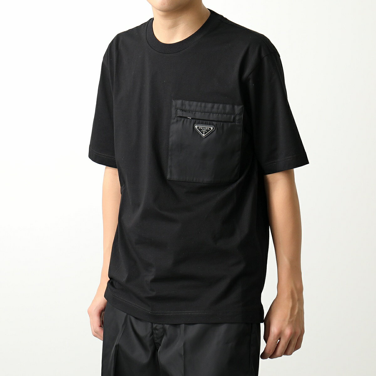 PRADA プラダ 半袖 Tシャツ UJN661 11CK メンズ Re-Nylon リナイロン コットン 胸ポケット トライアングルロゴ カットソー クルーネック F0002/NEROのサムネイル