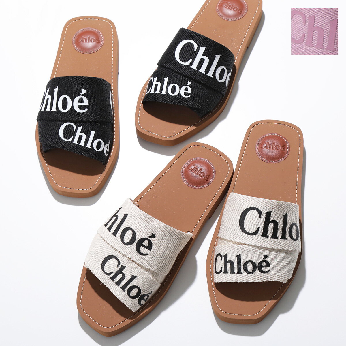 Chloe クロエ サンダル WOODY ウッディ CHC22U188Z3 CHC19U18808 レディース フラット ミュール ロゴバンド リネン コットン 靴 カラー3色