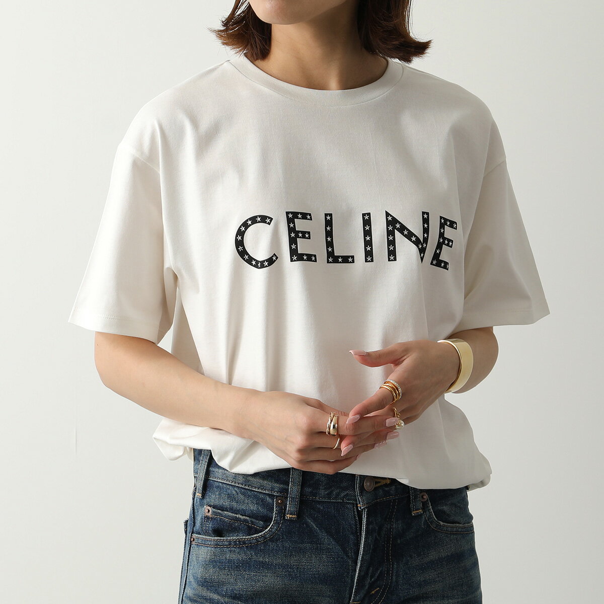 CELINE セリーヌ 半袖 Tシャツ 2X47F671Q レディース メンズ カットソー ロゴT ラインストーン コットン クルーネック 01OBのサムネイル