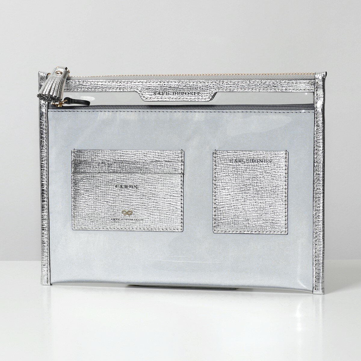 【500円OFFクーポン対象！10月1日限定】ANYA HINDMARCH アニヤハインドマーチ 146166 SAFE DEPOSIT メタリックレザー フラットポーチ クラッチバッグ CLEAR/BLACK 鞄 レディース