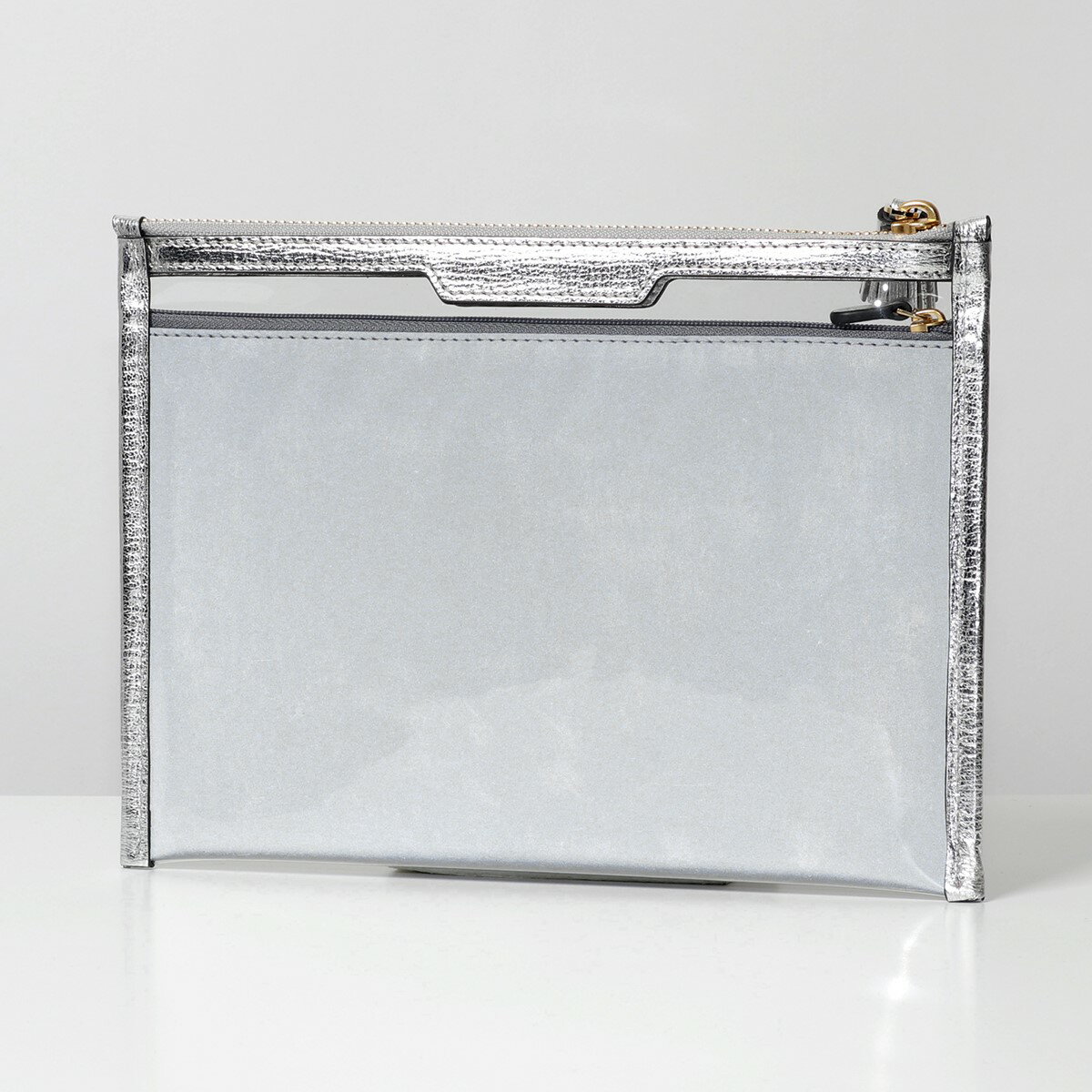 【500円OFFクーポン対象！10月1日限定】ANYA HINDMARCH アニヤハインドマーチ 146166 SAFE DEPOSIT メタリックレザー フラットポーチ クラッチバッグ CLEAR/BLACK 鞄 レディース